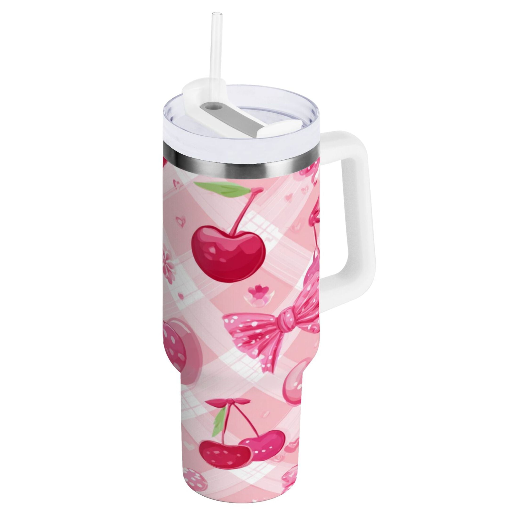 30 oz Insulated Stainless Steel Tumbler Double Wall Stainless Steel Tumbler with 2-Way Drinking Cherry and Pink Bow Pattern | YFZS