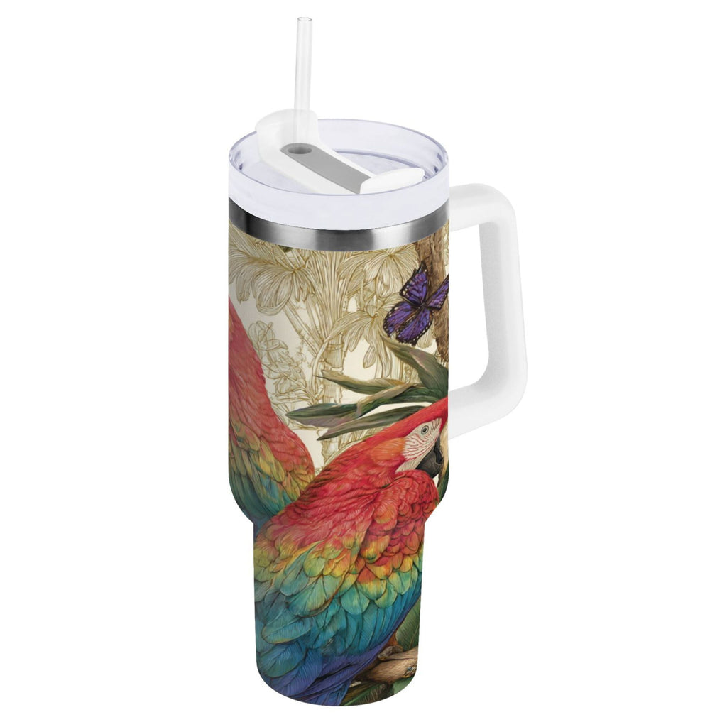 30 oz Insulated Stainless Steel Tumbler Double Wall Stainless Steel Tumbler with 2-Way Drinking Colorful Beautiful Parrots | I7YE