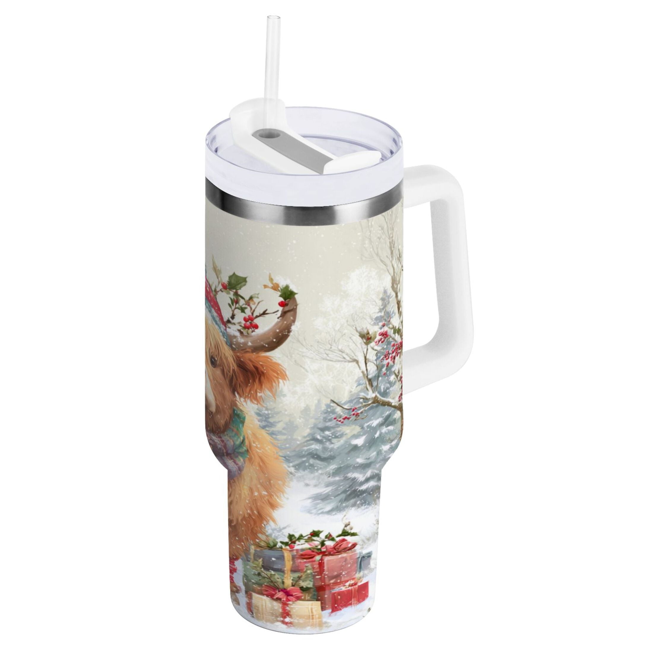 30 oz Insulated Stainless Steel Tumbler Double Wall Stainless Steel Tumbler with 2-Way Drinking Cow Wearing Christmas Hat | 00Q4