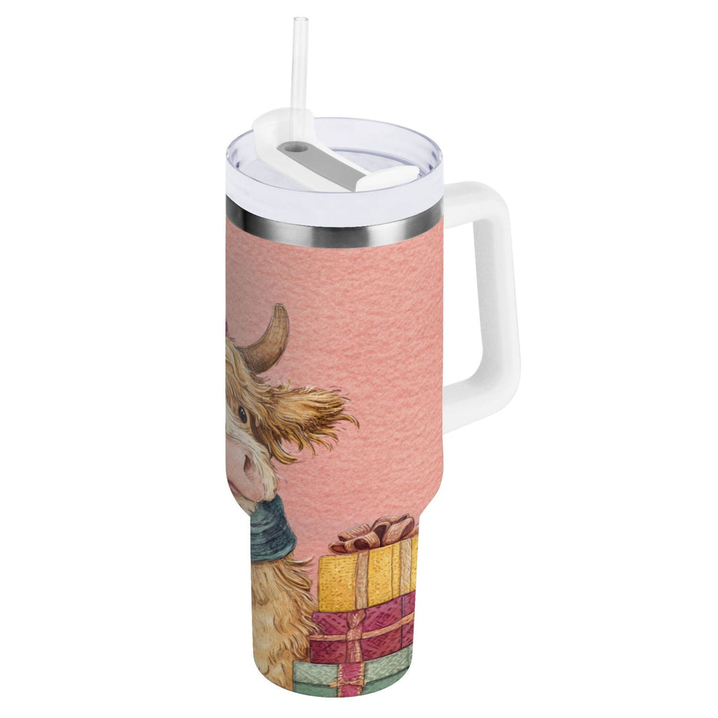 30 oz Insulated Stainless Steel Tumbler Double Wall Stainless Steel Tumbler with 2-Way Drinking Cow Wearing Scarf and Hat | SMZO