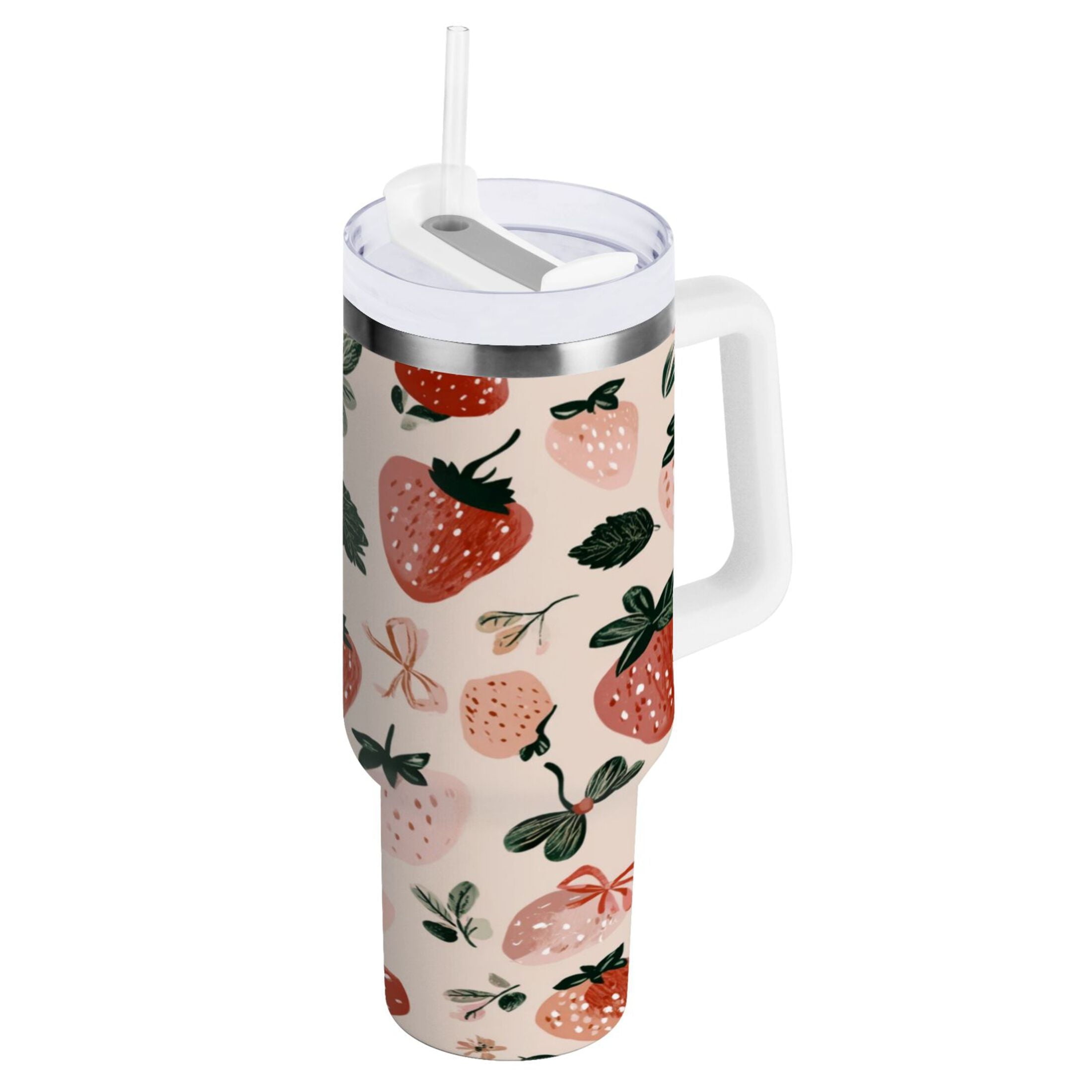 30 oz Insulated Stainless Steel Tumbler Double Wall Stainless Steel Tumbler with 2-Way Drinking Cute Pinks Strawberries | 0E2W