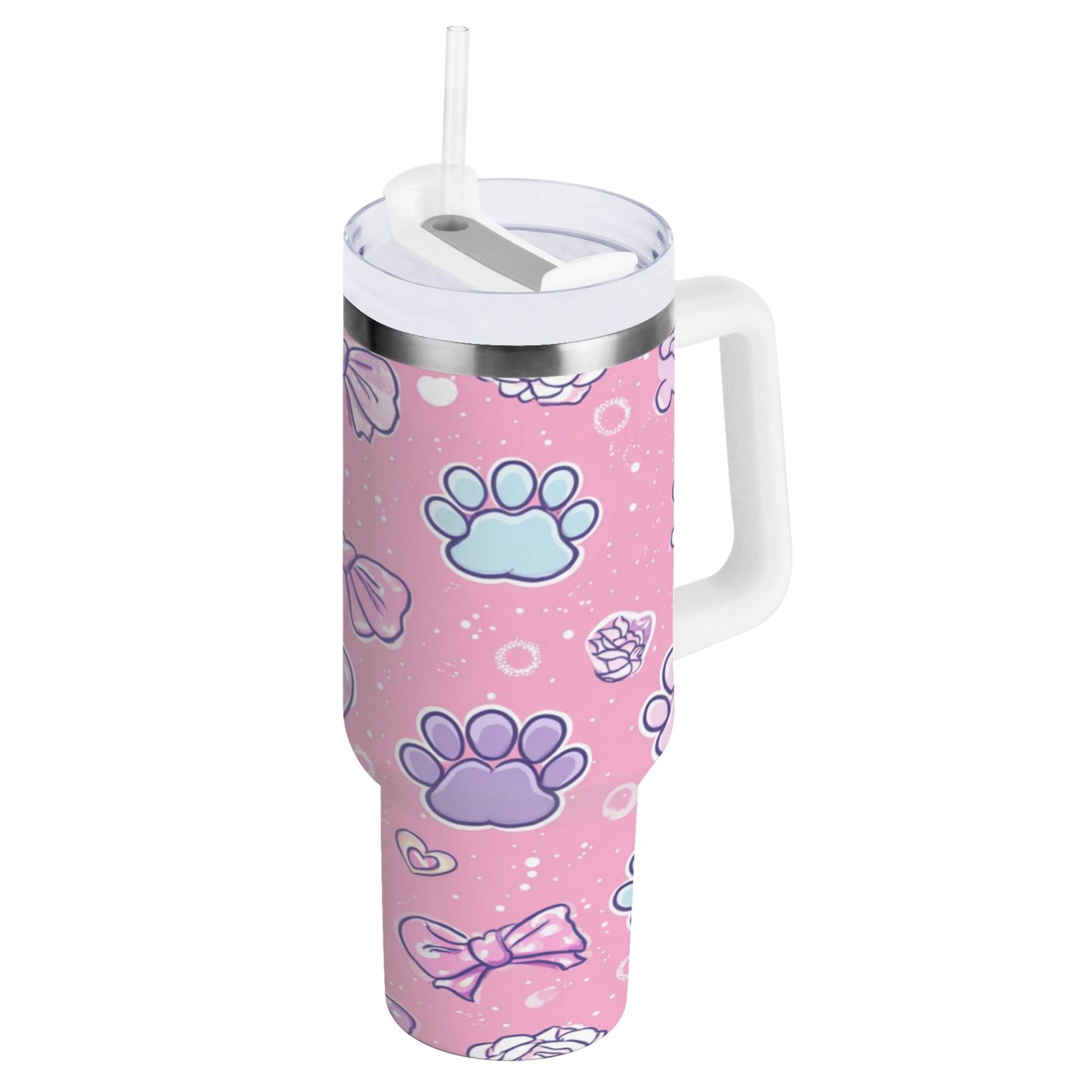 30 oz Insulated Stainless Steel Tumbler Double Wall Stainless Steel Tumbler with 2-Way Drinking Dog Paw Prints and Bows | 6E13