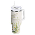 30 oz Insulated Stainless Steel Tumbler Double Wall Stainless Steel Tumbler with 2-Way Drinking Dragonflies with White Daisies | 5IT4