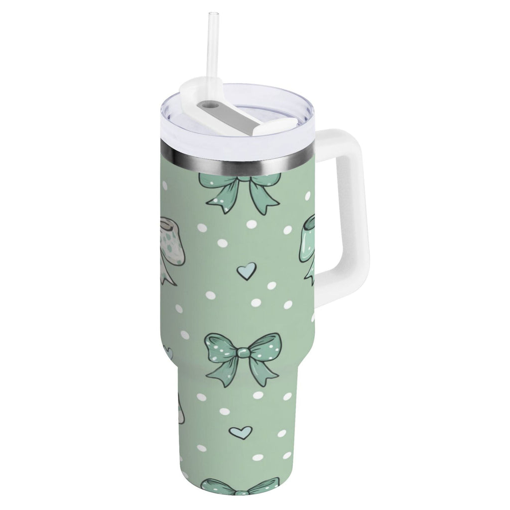 30 oz Insulated Stainless Steel Tumbler Double Wall Stainless Steel Tumbler with 2-Way Drinking Green and Mint Bows | B2SF