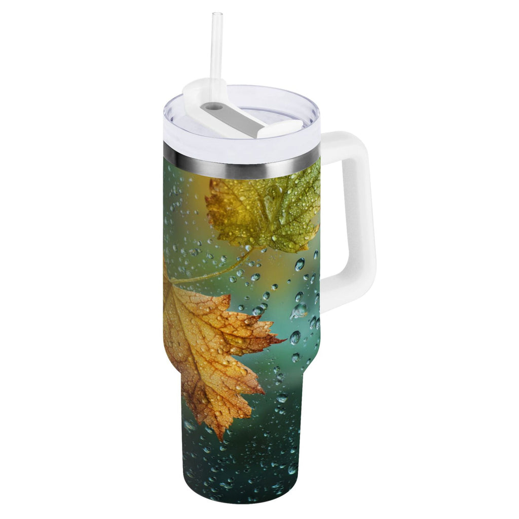 30 oz Insulated Stainless Steel Tumbler Double Wall Stainless Steel Tumbler with 2-Way Drinking Leaves with Water Droplets | N6BP