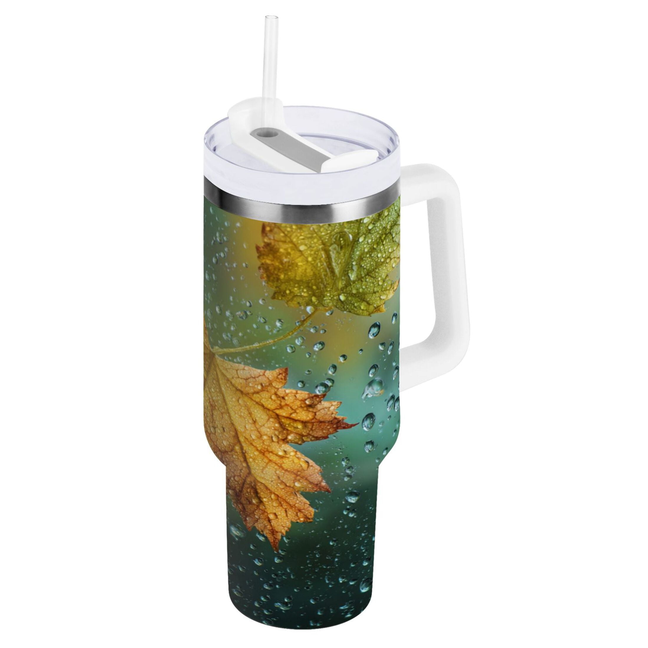 30 oz Insulated Stainless Steel Tumbler Double Wall Stainless Steel Tumbler with 2-Way Drinking Leaves with Water Droplets | N6BP