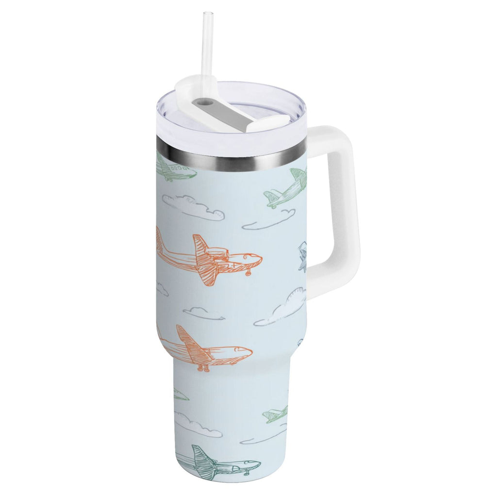 30 oz Insulated Stainless Steel Tumbler Double Wall Stainless Steel Tumbler with 2-Way Drinking Pastel Doodle Airplanes | 4GF8