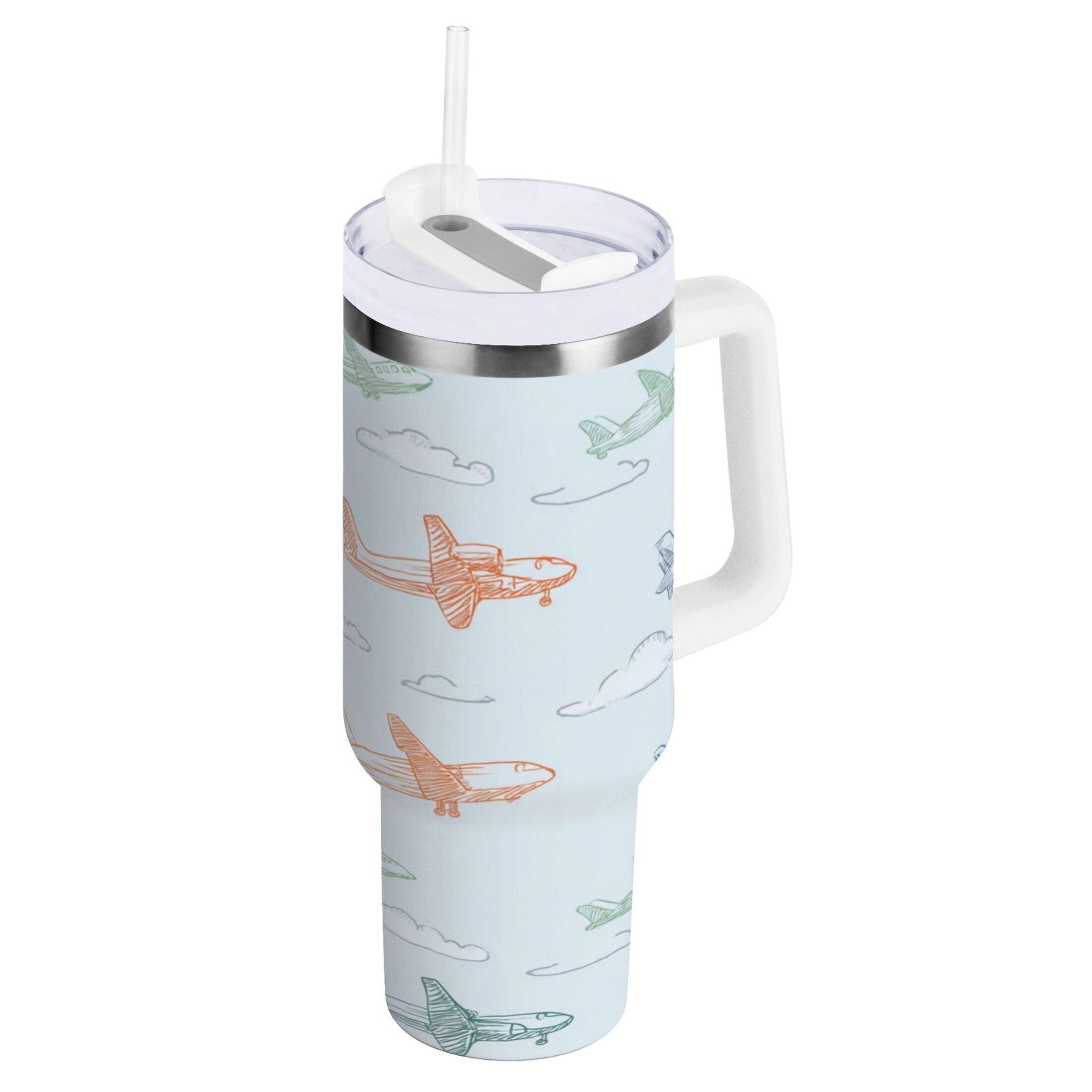 30 oz Insulated Stainless Steel Tumbler Double Wall Stainless Steel Tumbler with 2-Way Drinking Pastel Doodle Airplanes | 4GF8
