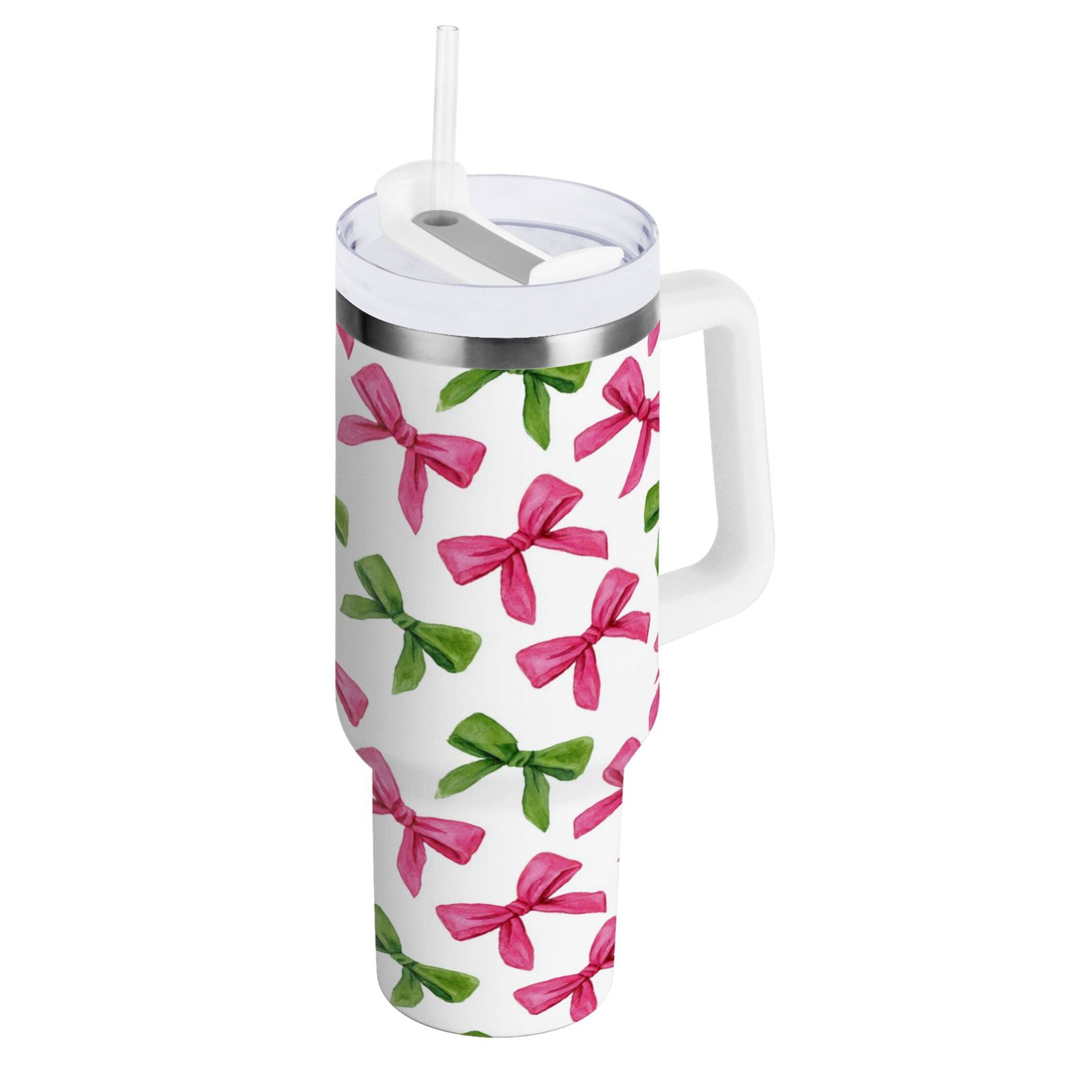 30 oz Insulated Stainless Steel Tumbler Double Wall Stainless Steel Tumbler with 2-Way Drinking Pink Bows and Green Ribbons | 3XR2