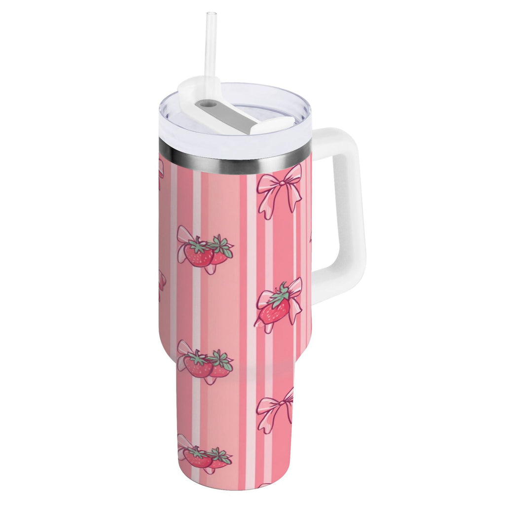 30 oz Insulated Stainless Steel Tumbler Double Wall Stainless Steel Tumbler with 2-Way Drinking Pink Bows and Strawberries | DVN9