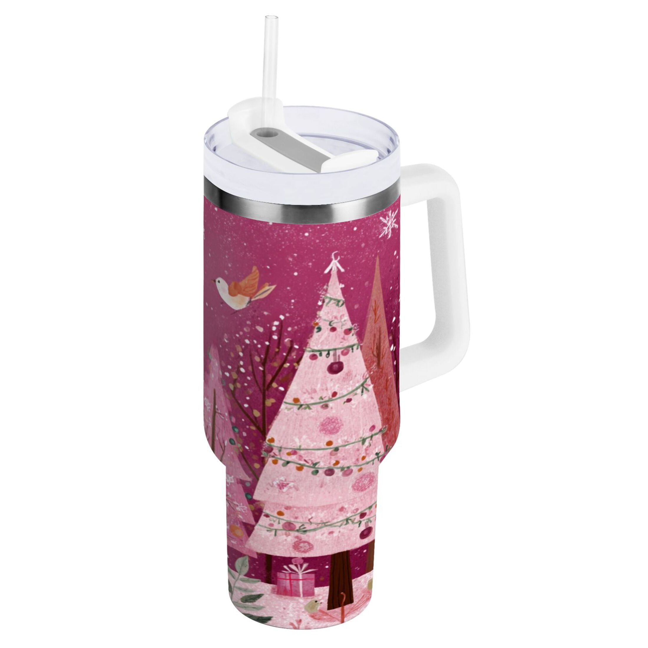 40 oz Insulated Stainless Steel Tumbler Double Wall Stainless Steel Tumbler with 2-Way Drinking Pink Christmas Forest | DA9J