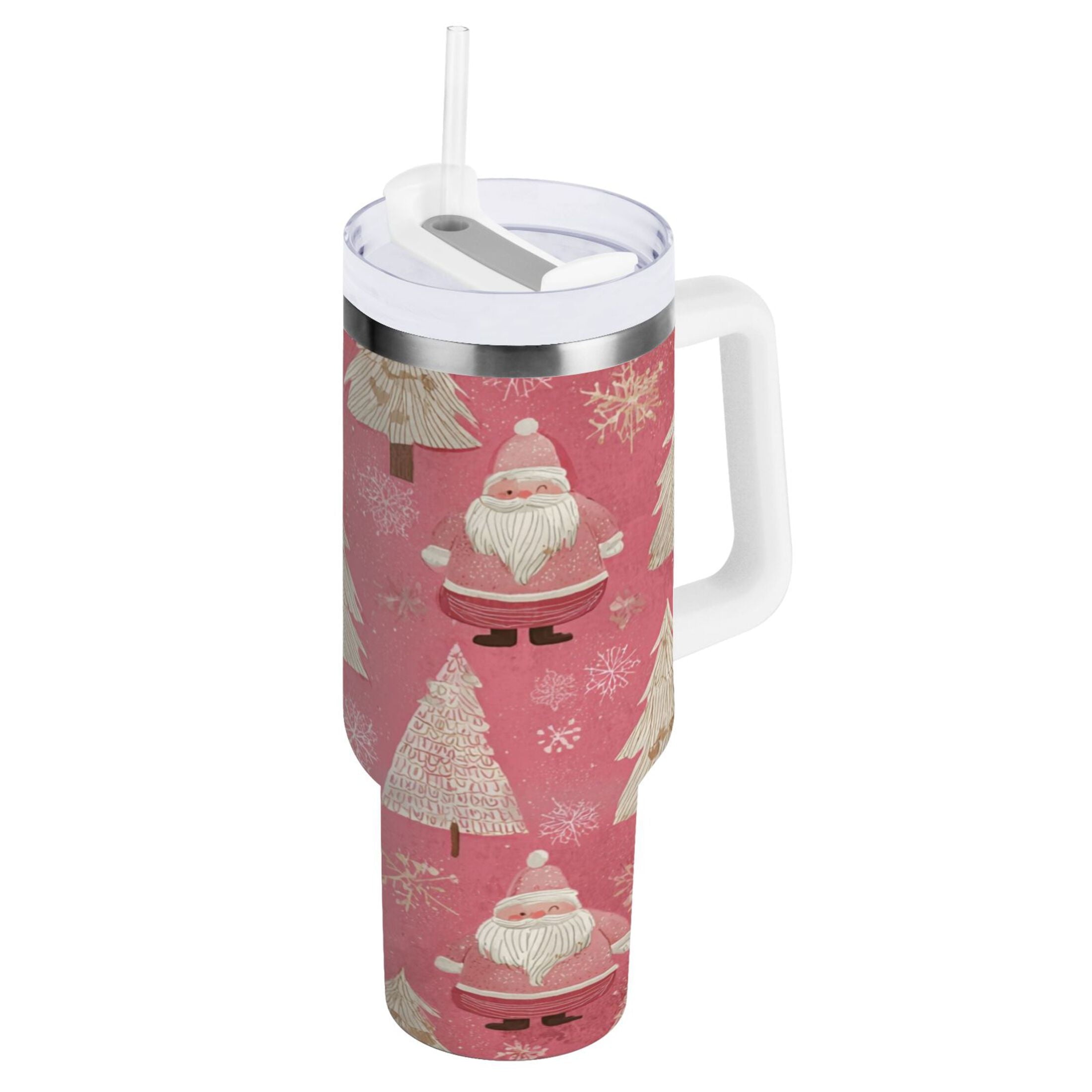 40 oz Insulated Stainless Steel Tumbler Double Wall Stainless Steel Tumbler with 2-Way Drinking Pink Santa Claus Pattern | HUWN