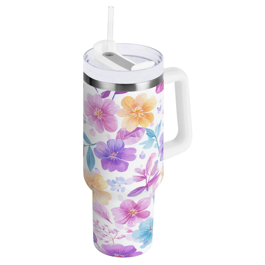 30 oz Insulated Stainless Steel Tumbler Double Wall Stainless Steel Tumbler with 2-Way Drinking Pink and Purple Flowers | 7GQZ
