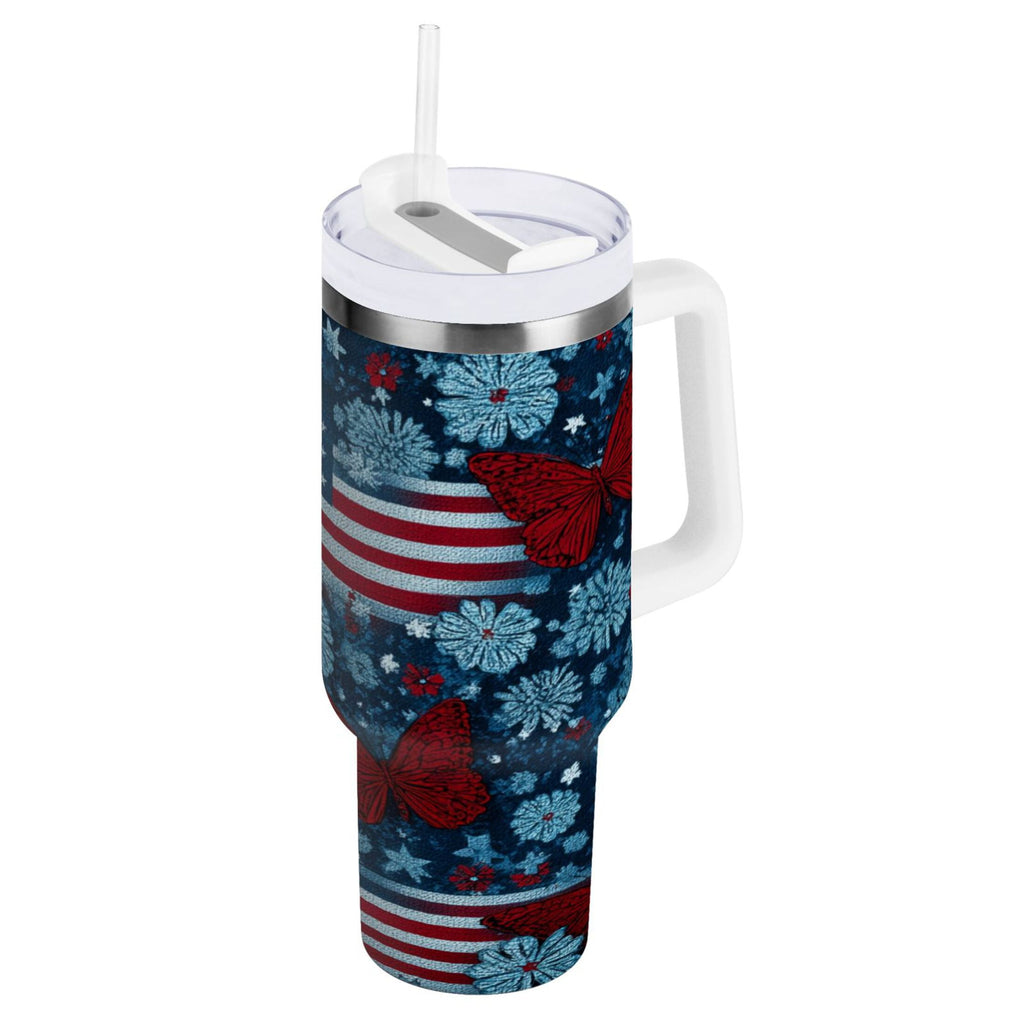 30 oz Insulated Stainless Steel Tumbler Double Wall Stainless Steel Tumbler with 2-Way Drinking Red Butterflies and Flags | PY3J