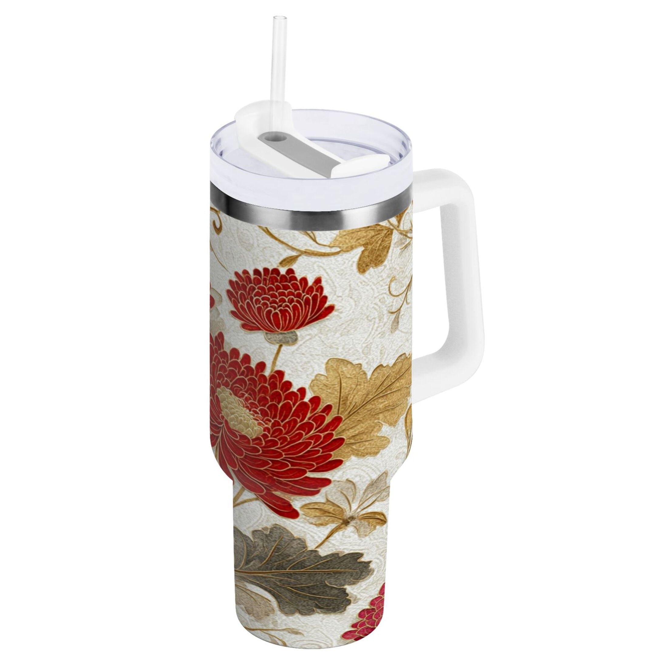 30 oz Insulated Stainless Steel Tumbler Double Wall Stainless Steel Tumbler with 2-Way Drinking Red Chrysanthemum Pattern | EJZ9