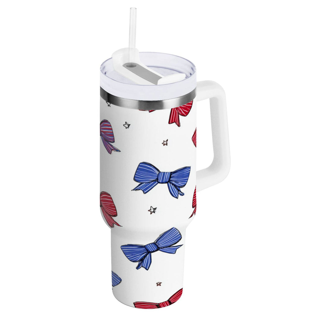 30 oz Insulated Stainless Steel Tumbler Double Wall Stainless Steel Tumbler with 2-Way Drinking Red and Blue Stripe Bows | CK7X