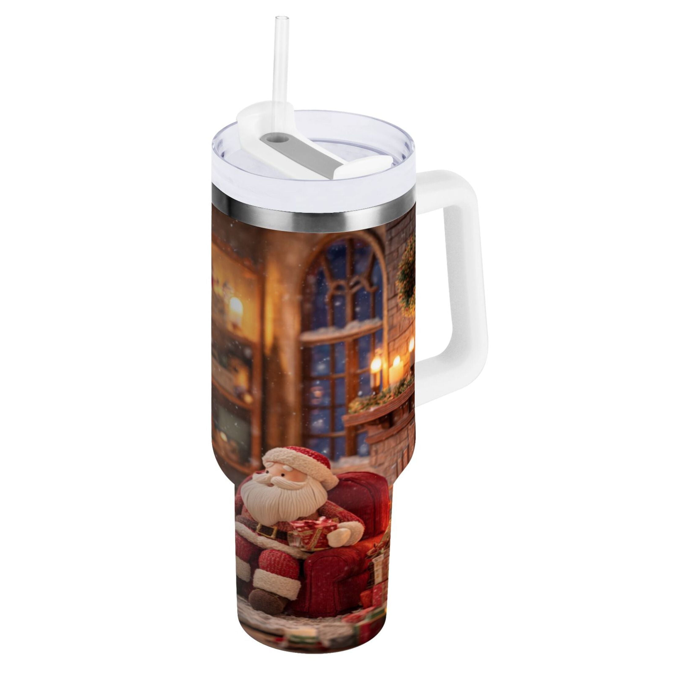 40 oz Insulated Stainless Steel Tumbler Double Wall Stainless Steel Tumbler with 2-Way Drinking Sitting Santa Claus | 7NGW