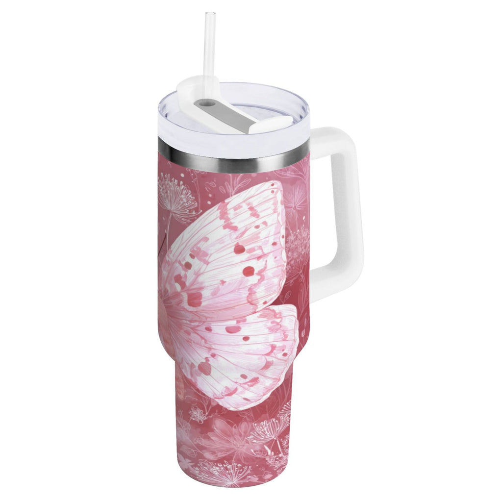 30 oz Insulated Stainless Steel Tumbler Double Wall Stainless Steel Tumbler with 2-Way Drinking Soft Pink Butterfly | YS27