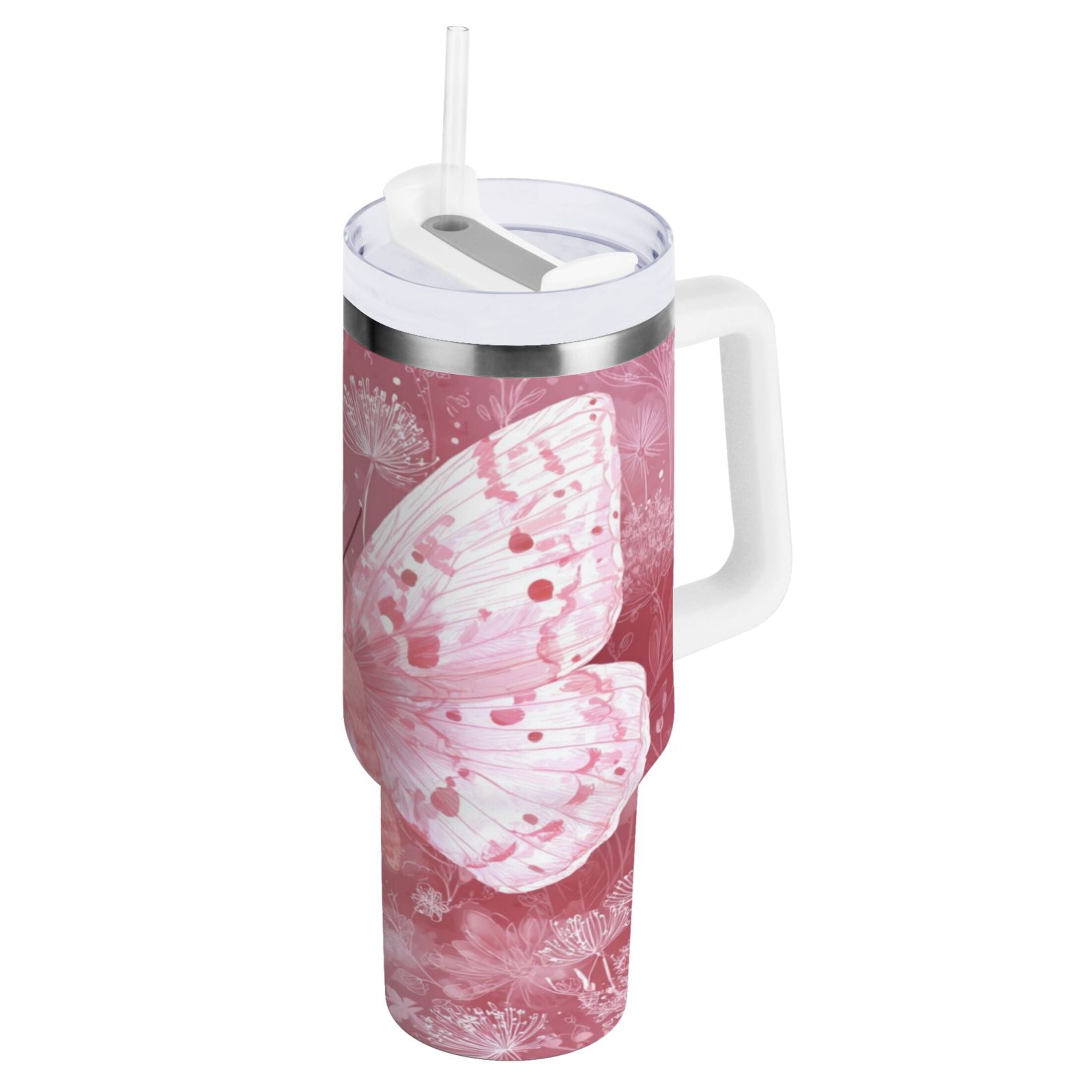 30 oz Insulated Stainless Steel Tumbler Double Wall Stainless Steel Tumbler with 2-Way Drinking Soft Pink Butterfly | YS27