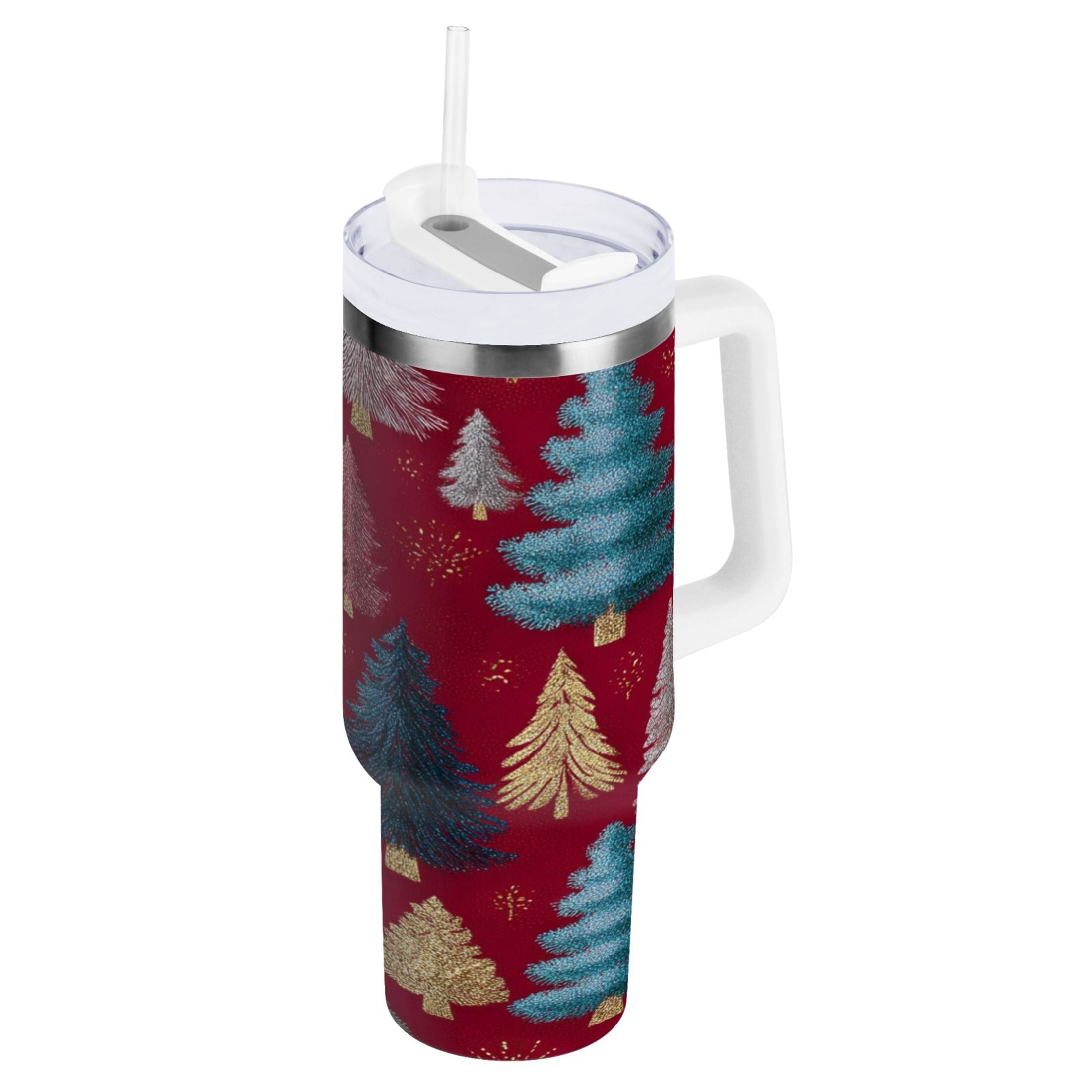 30 oz Insulated Stainless Steel Tumbler Double Wall Stainless Steel Tumbler with 2-Way Drinking Stylized Christmas Trees | UQTB