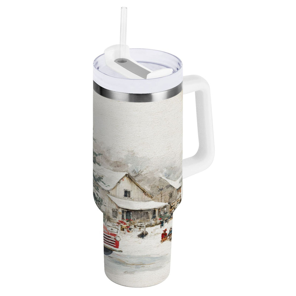 30 oz Insulated Stainless Steel Tumbler Double Wall Stainless Steel Tumbler with 2-Way Drinking Truck with Christmas Decorations | F1R1