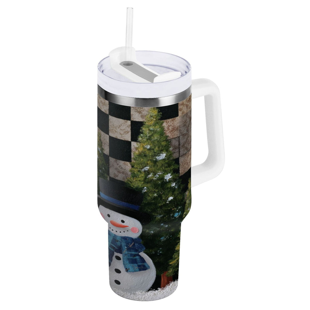 30 oz Insulated Stainless Steel Tumbler Double Wall Stainless Steel Tumbler with 2-Way Drinking Two Snowmen Pattern | DF31