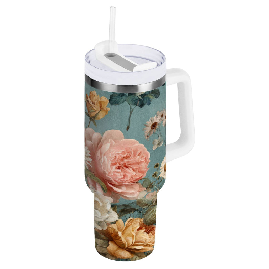 30 oz Insulated Stainless Steel Tumbler Double Wall Stainless Steel Tumbler with 2-Way Drinking Vintage Roses and Peonies | 2X6L