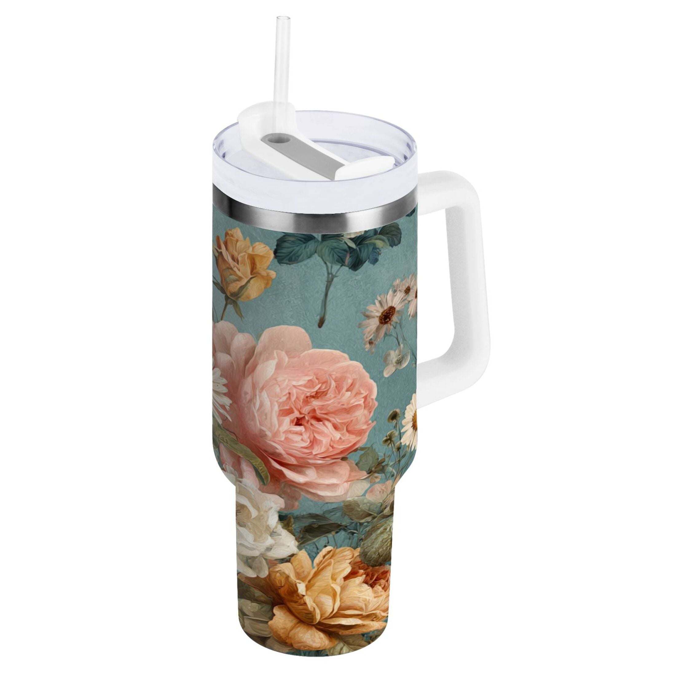 30 oz Insulated Stainless Steel Tumbler Double Wall Stainless Steel Tumbler with 2-Way Drinking Vintage Roses and Peonies | 2X6L