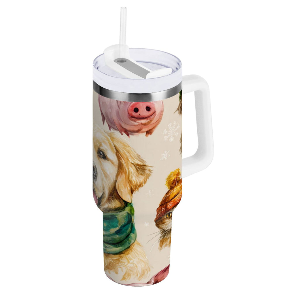 30 oz Insulated Stainless Steel Tumbler Double Wall Stainless Steel Tumbler with 2-Way Drinking Watercolor Animals Pattern | JHG9