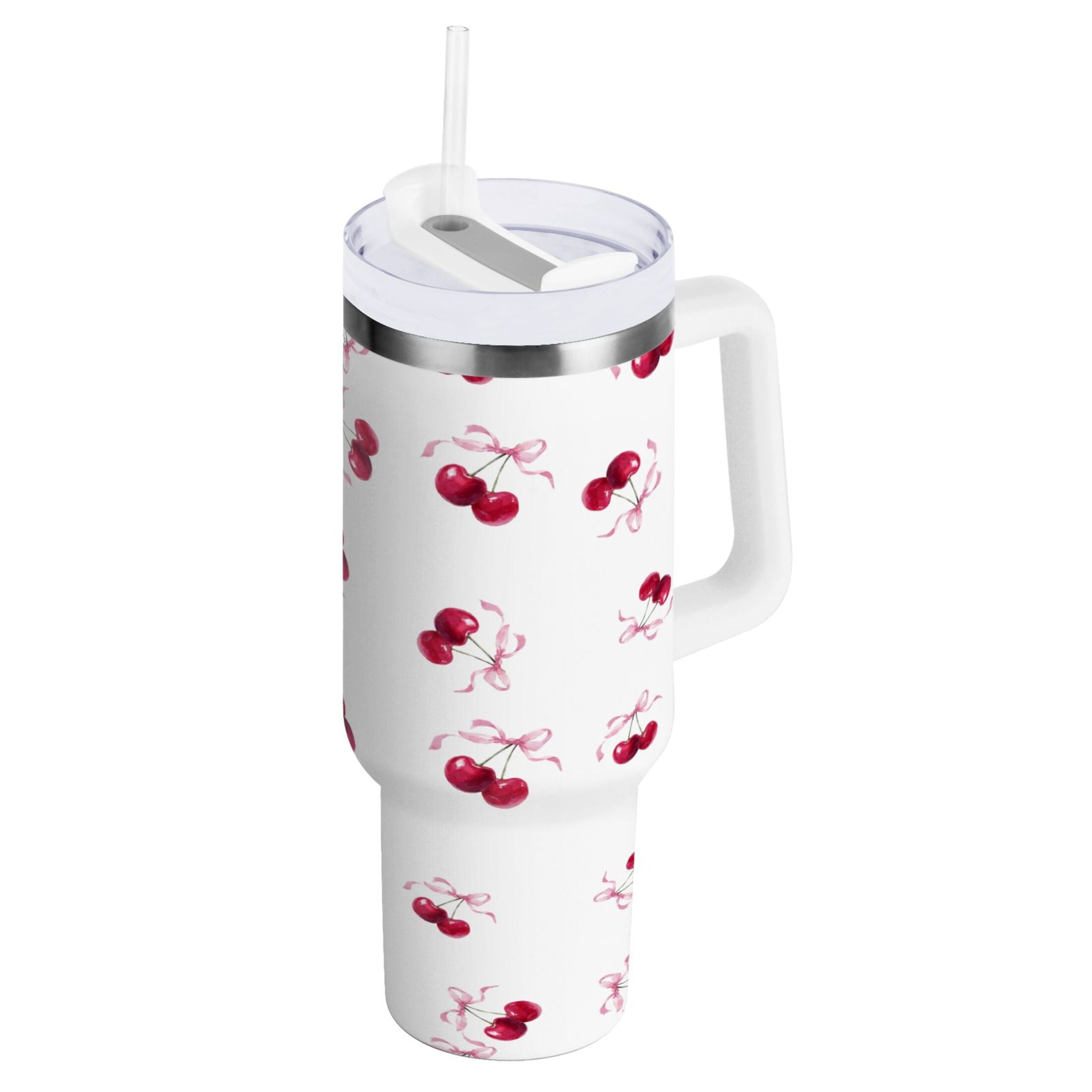 30 oz Insulated Stainless Steel Tumbler Double Wall Stainless Steel Tumbler with 2-Way Drinking Watercolor Cherries Pattern | DSFW