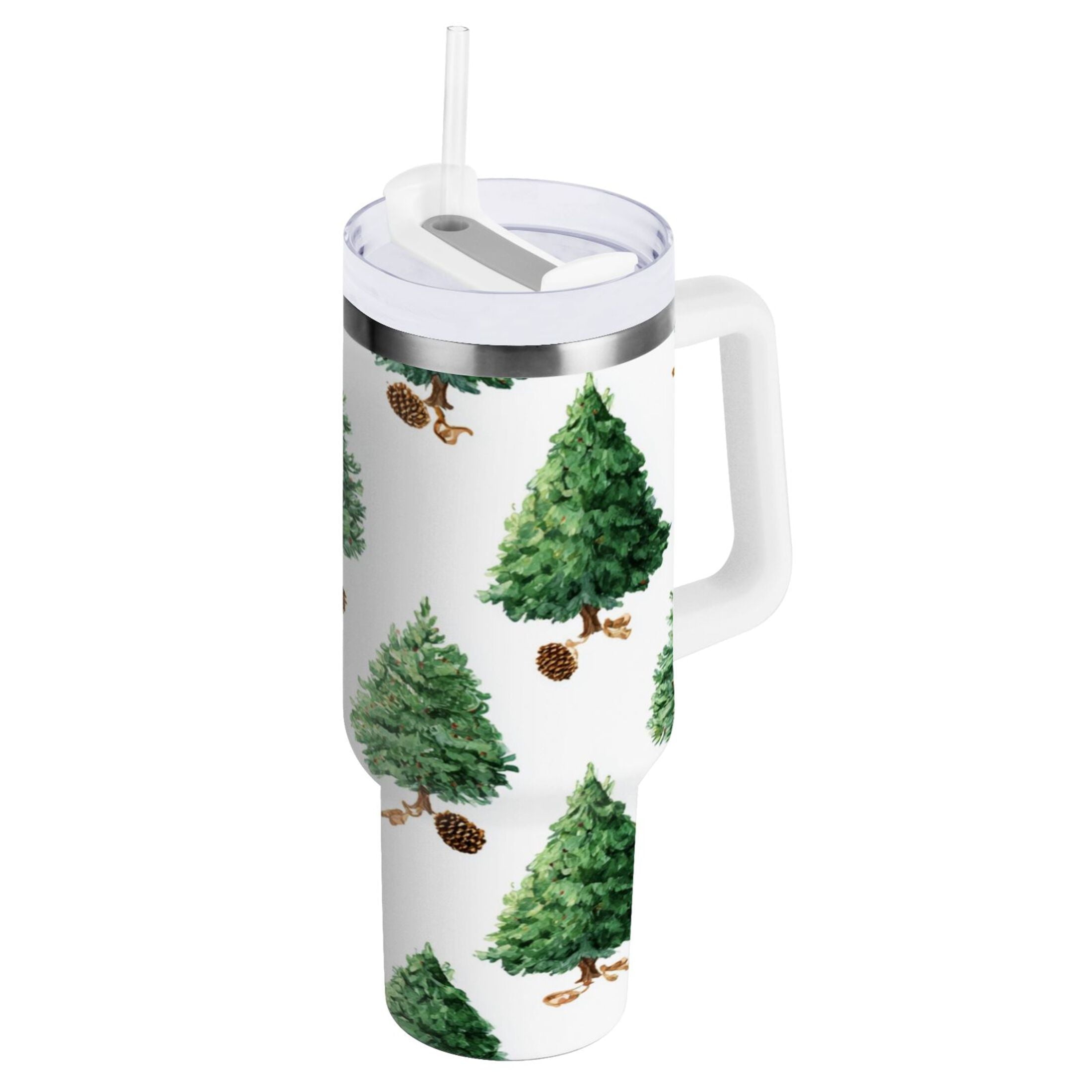 30 oz Insulated Stainless Steel Tumbler Double Wall Stainless Steel Tumbler with 2-Way Drinking Watercolor Green Christmas Tree | DGSA