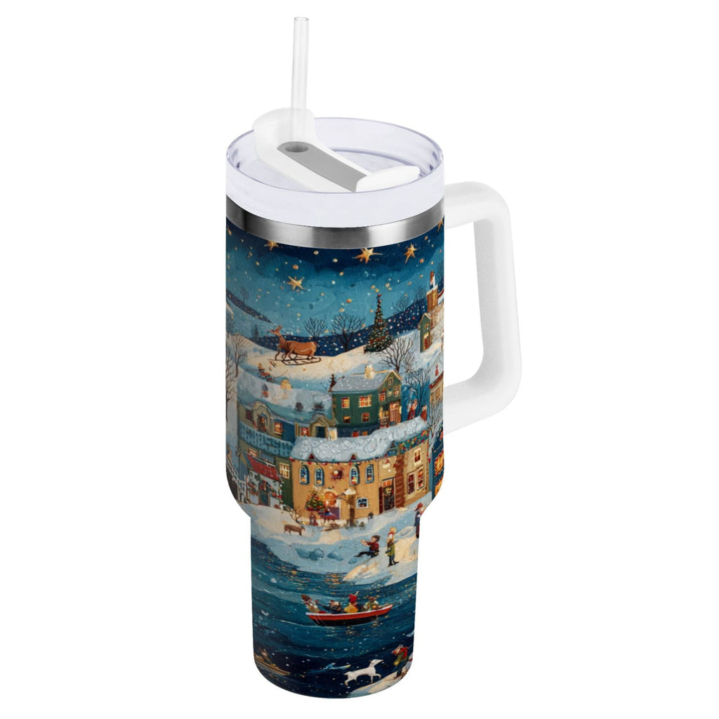 30 oz Insulated Stainless Steel Tumbler Double Wall Stainless Steel Tumbler with 2-Way Drinking Whimsical Christmas Scene | R1H0