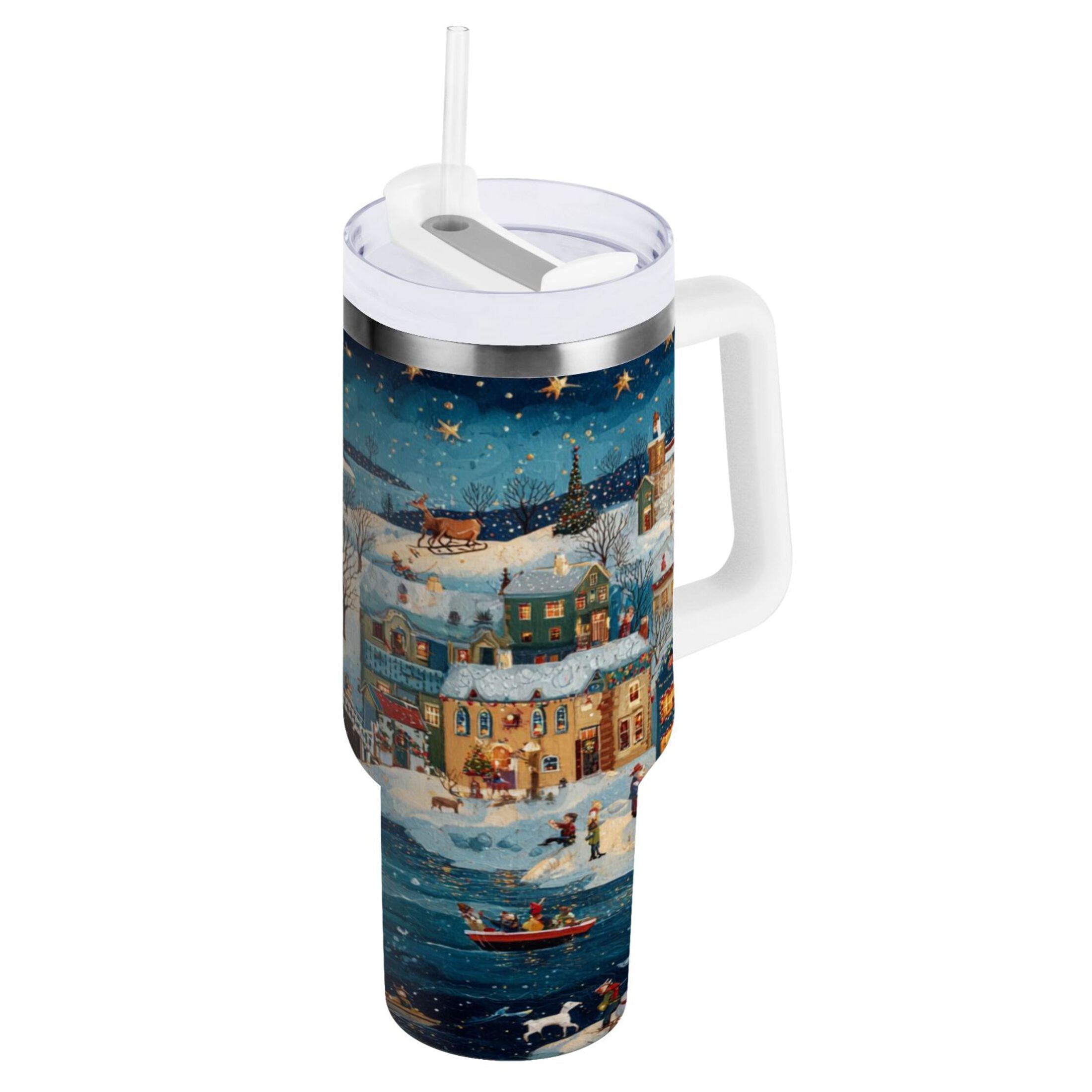 30 oz Insulated Stainless Steel Tumbler Double Wall Stainless Steel Tumbler with 2-Way Drinking Whimsical Christmas Scene | R1H0