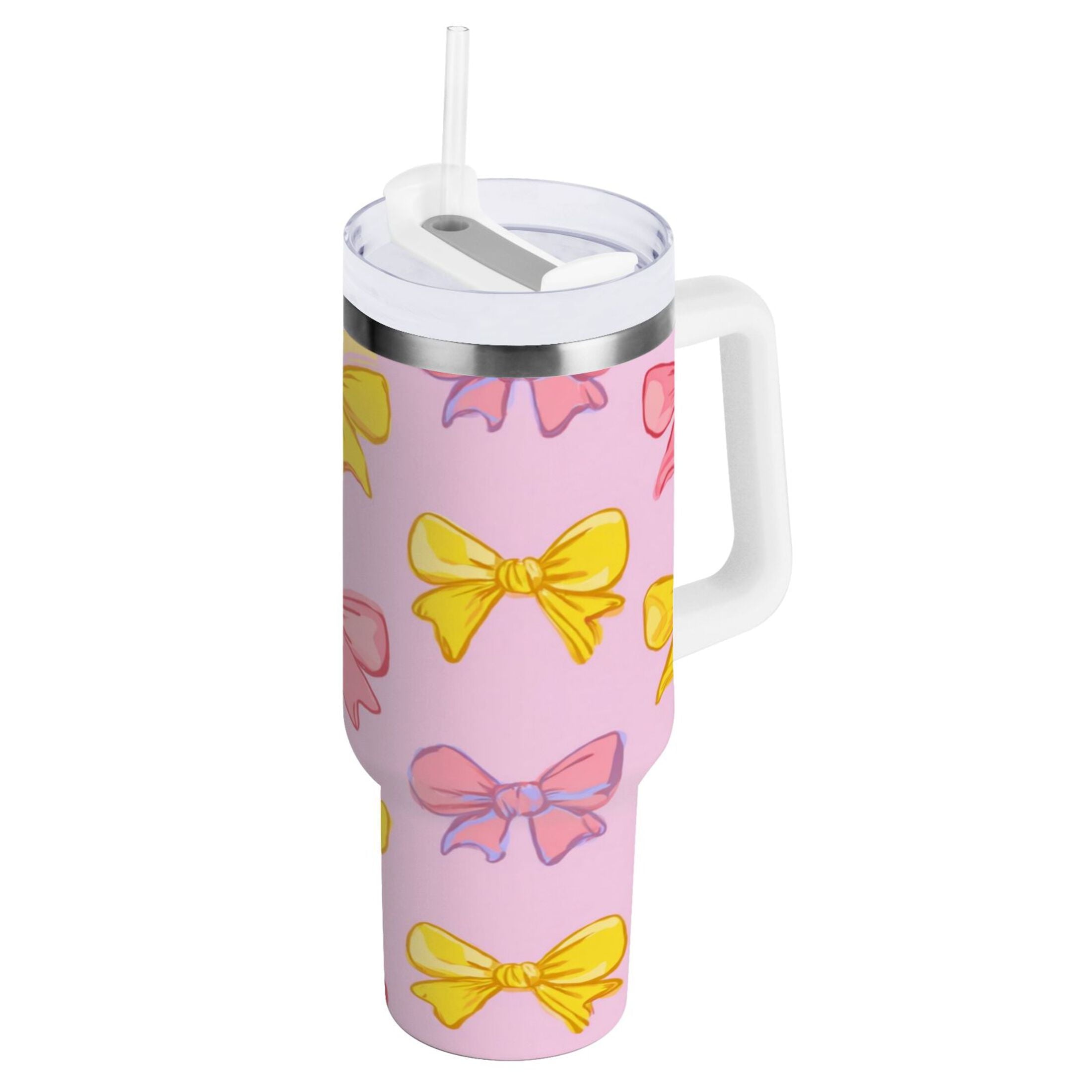 30 oz Insulated Stainless Steel Tumbler Double Wall Stainless Steel Tumbler with 2-Way Drinking Yellow and Pink Bows | I2W4