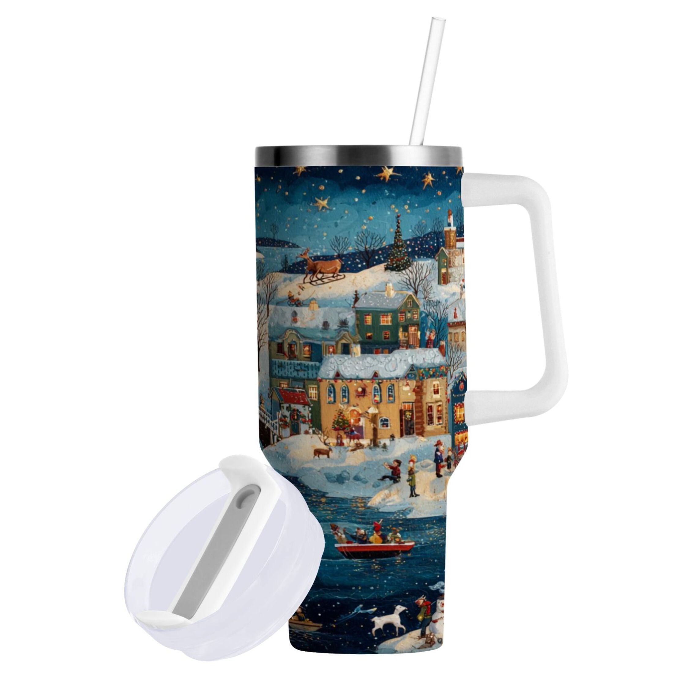 30 oz Insulated Stainless Steel Tumbler Double Wall Stainless Steel Tumbler with 2-Way Drinking Whimsical Christmas Scene | R1H0