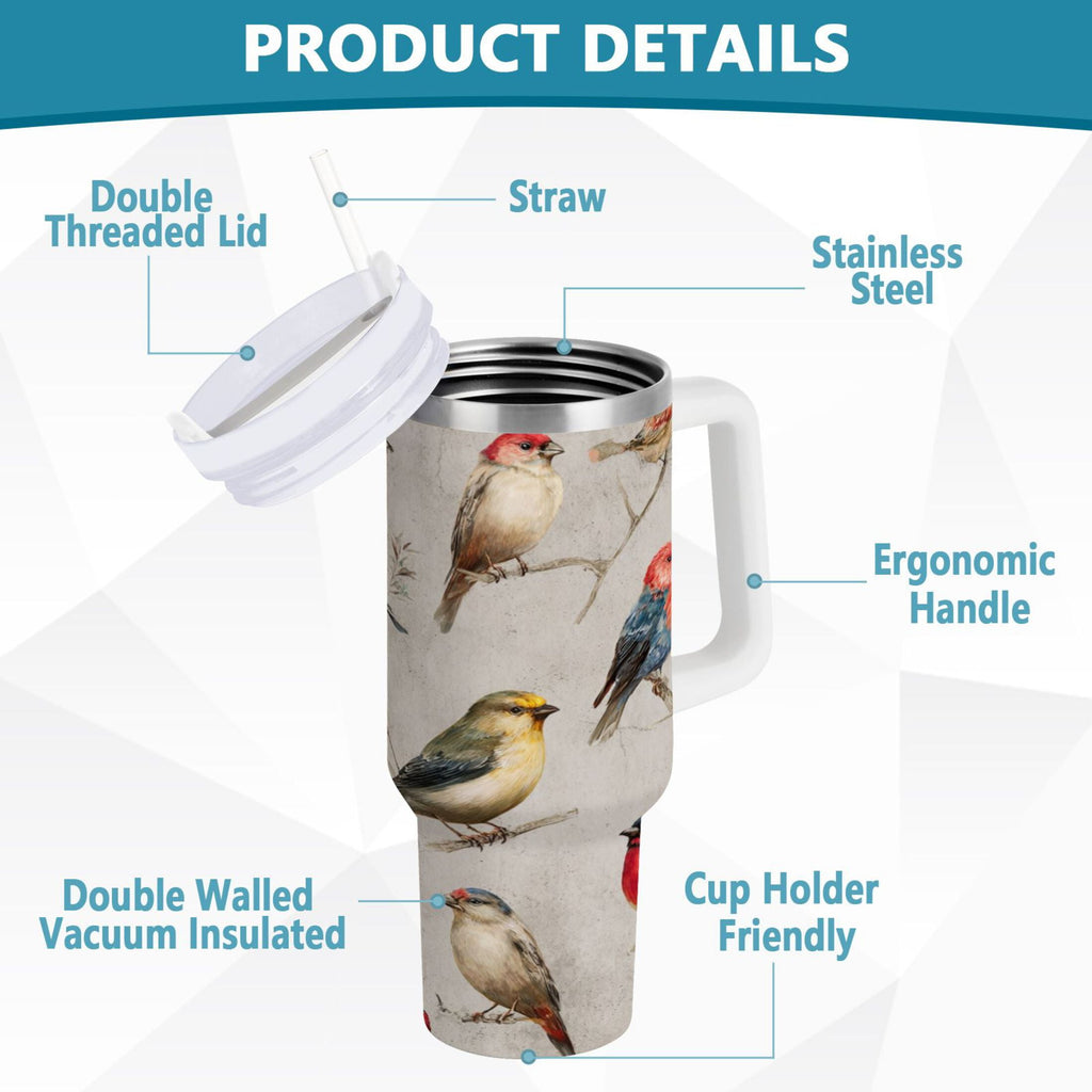 40 oz Insulated Stainless Steel Tumbler Double Wall Stainless Steel Tumbler with 2-Way Drinking Birds Pattern | CZJQ