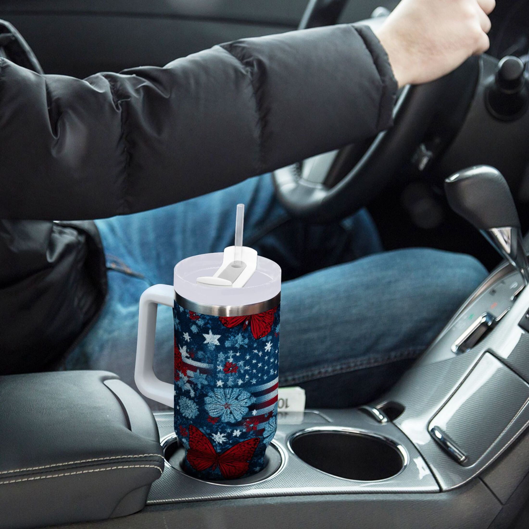 30 oz Insulated Stainless Steel Tumbler Double Wall Stainless Steel Tumbler with 2-Way Drinking Red Butterflies and Flags | PY3J