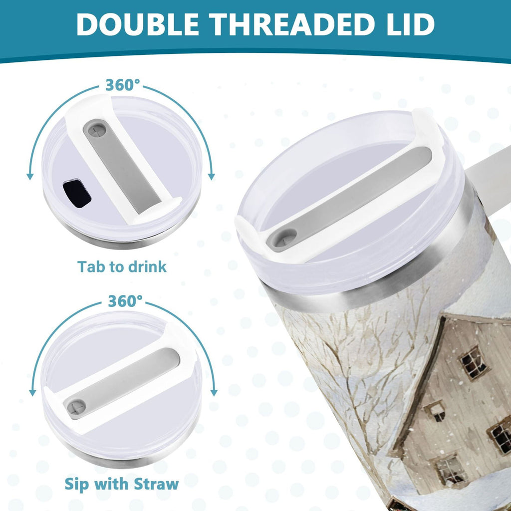 40 oz Insulated Stainless Steel Tumbler Double Wall Stainless Steel Tumbler with 2-Way Drinking Farm Snow Scene | M4ZF