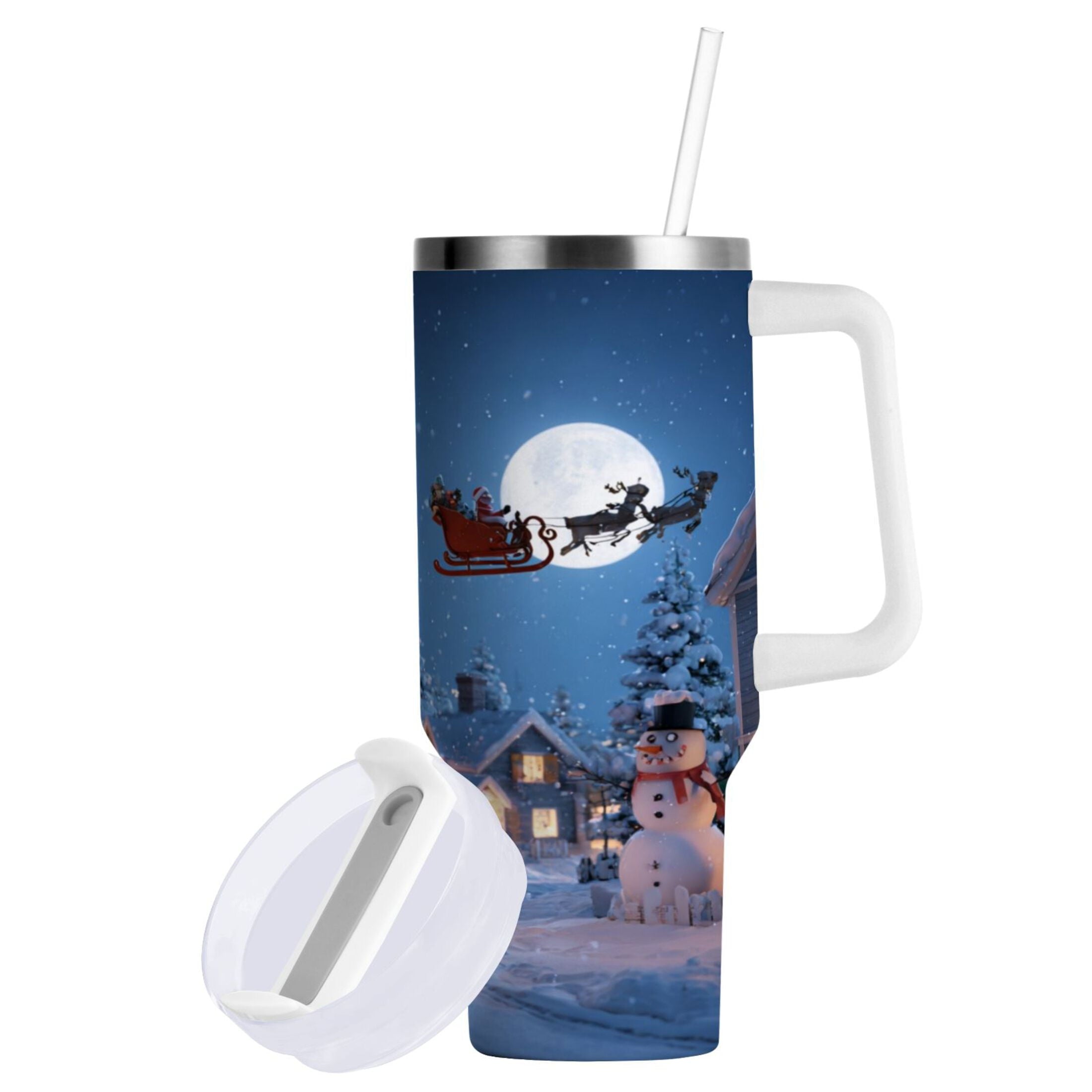 30 oz Insulated Stainless Steel Tumbler Double Wall Stainless Steel Tumbler with 2-Way Drinking Christmas Night Scene | UF7K