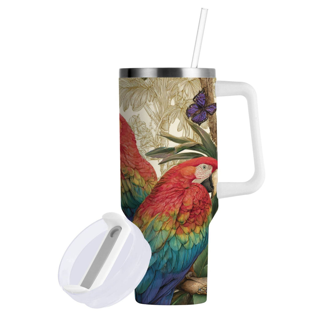 30 oz Insulated Stainless Steel Tumbler Double Wall Stainless Steel Tumbler with 2-Way Drinking Colorful Beautiful Parrots | I7YE