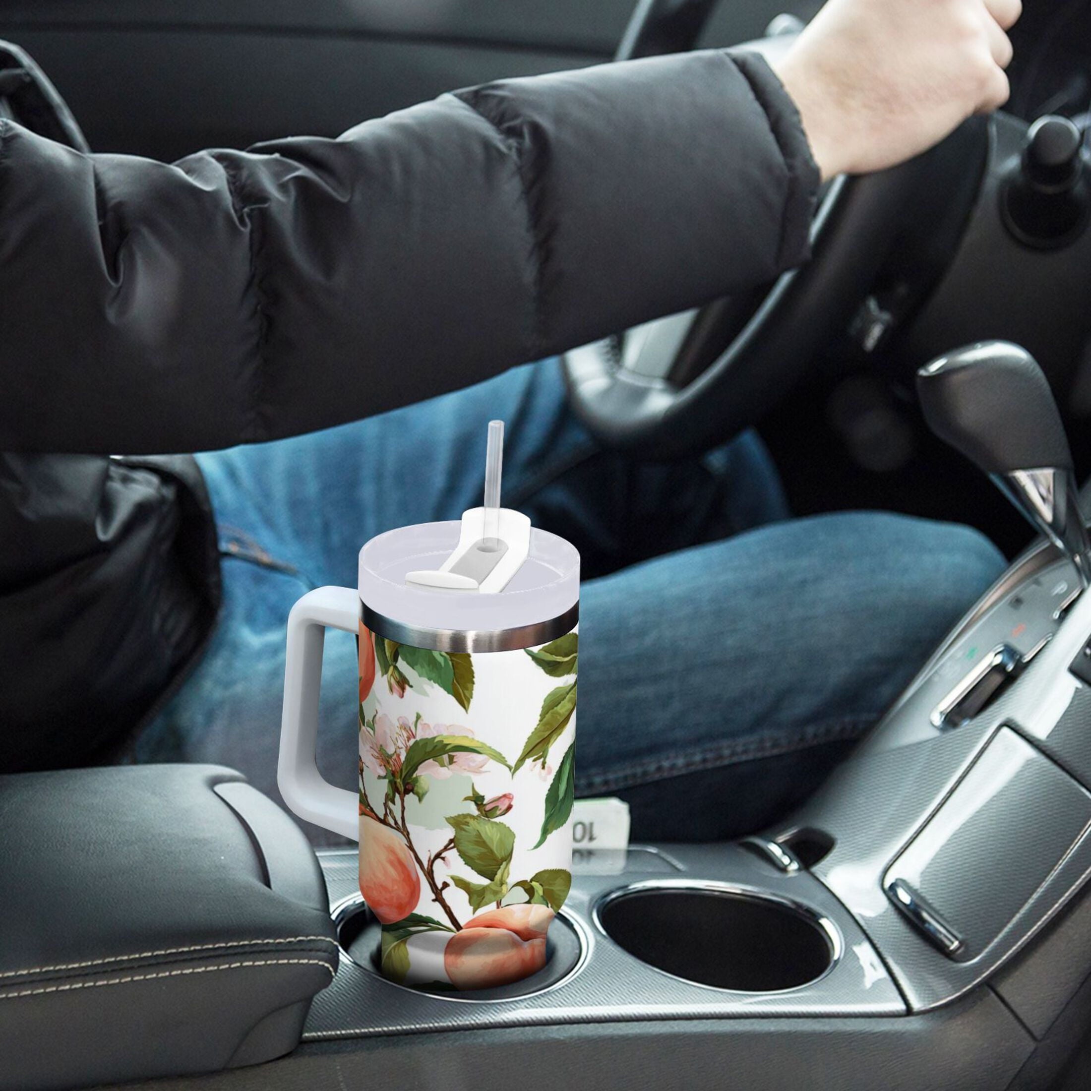 30 oz Insulated Stainless Steel Tumbler Double Wall Stainless Steel Tumbler with 2-Way Drinking Peach Fruit Pattern | 516Q