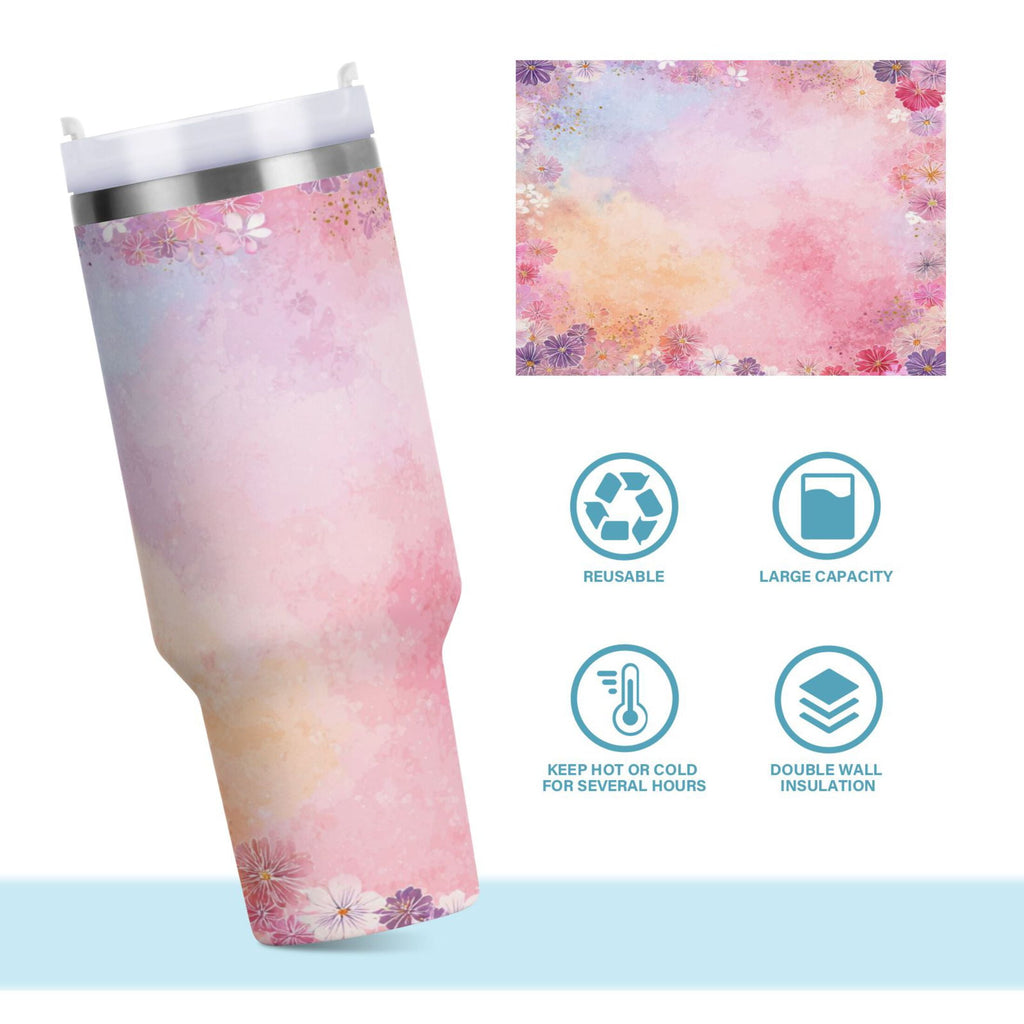30 oz Insulated Stainless Steel Tumbler Double Wall Stainless Steel Tumbler with 2-Way Drinking Colorful Pastel Floral Pattern | OVJO
