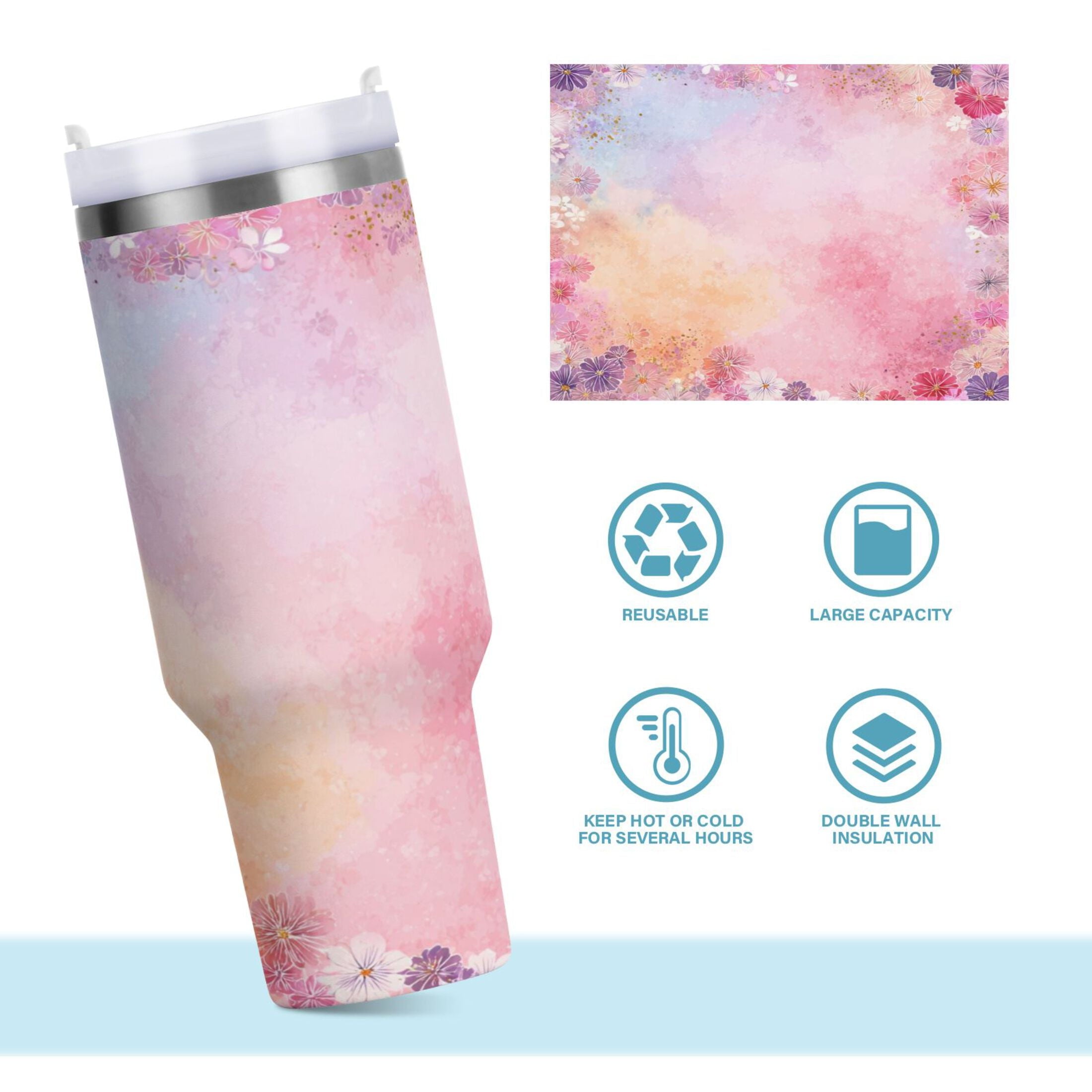 30 oz Insulated Stainless Steel Tumbler Double Wall Stainless Steel Tumbler with 2-Way Drinking Colorful Pastel Floral Pattern | OVJO