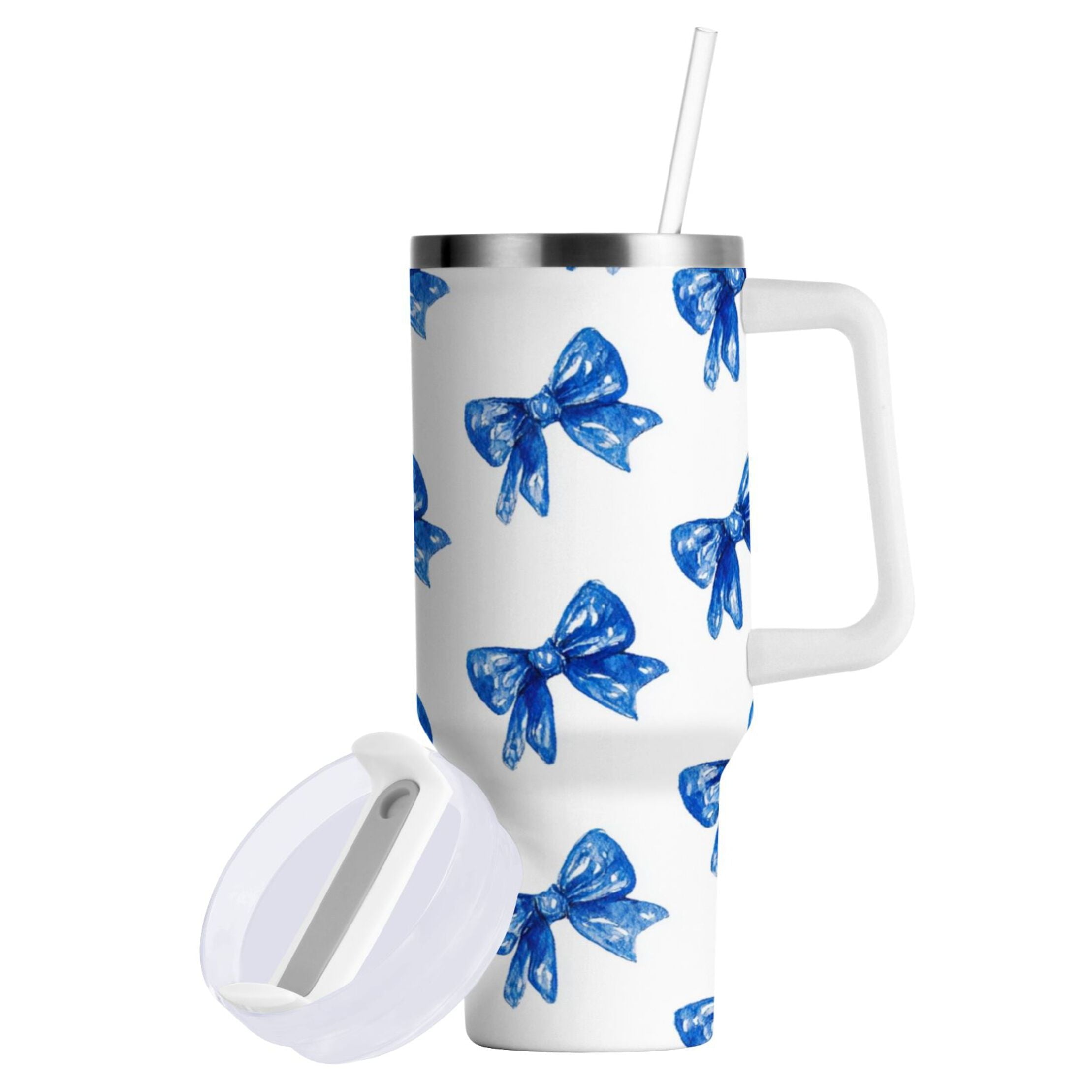 30 oz Insulated Stainless Steel Tumbler Double Wall Stainless Steel Tumbler with 2-Way Drinking Blue Bows Pattern | LSH4
