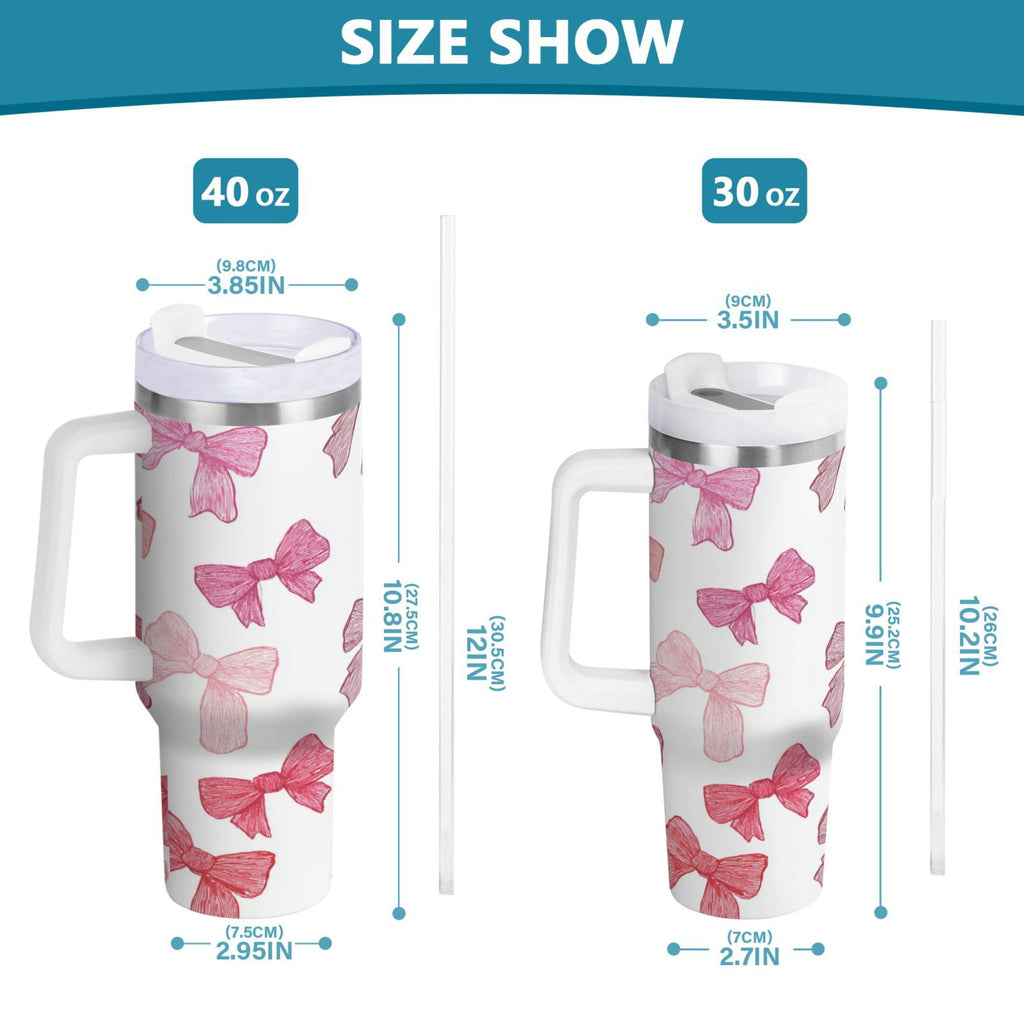 40 oz Insulated Stainless Steel Tumbler Double Wall Stainless Steel Tumbler with 2-Way Drinking Pink Bows Pattern | WY43
