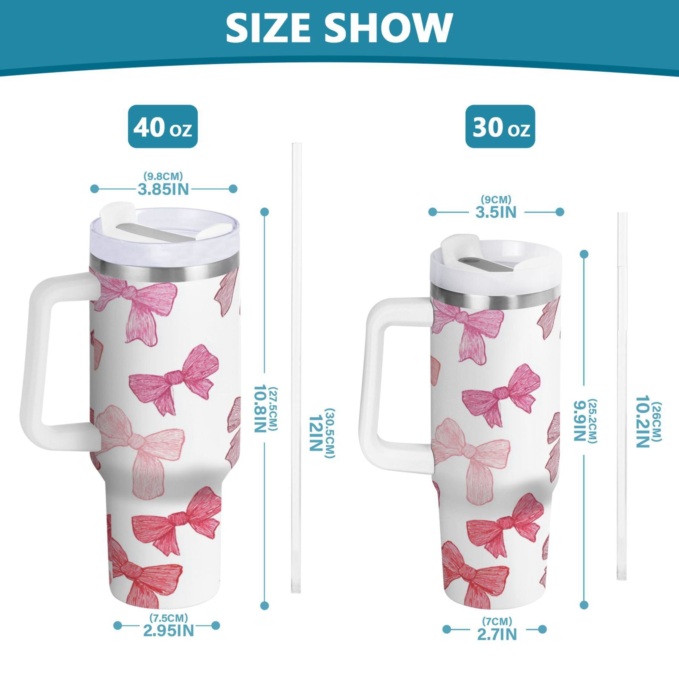 40 oz Insulated Stainless Steel Tumbler Double Wall Stainless Steel Tumbler with 2-Way Drinking Pink Bows Pattern | WY43