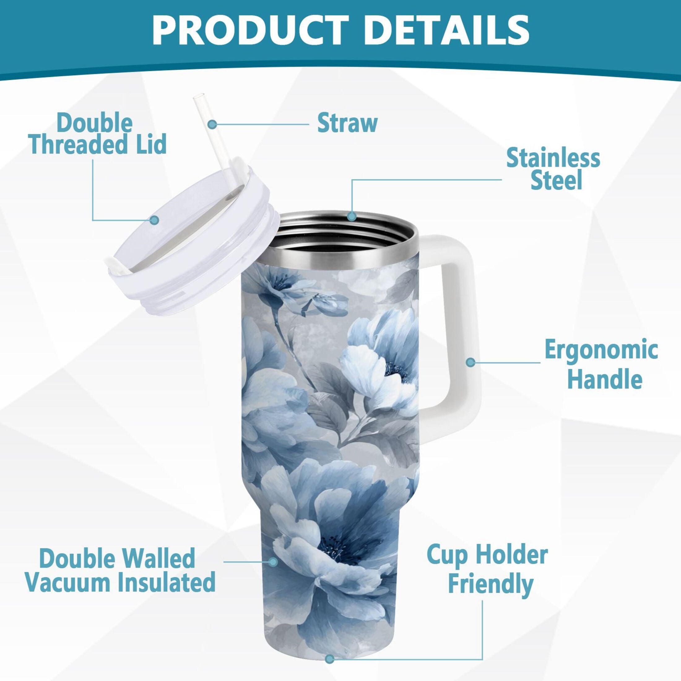 40 oz Insulated Stainless Steel Tumbler Double Wall Stainless Steel Tumbler with 2-Way Drinking White Floral Pattern | KEFA