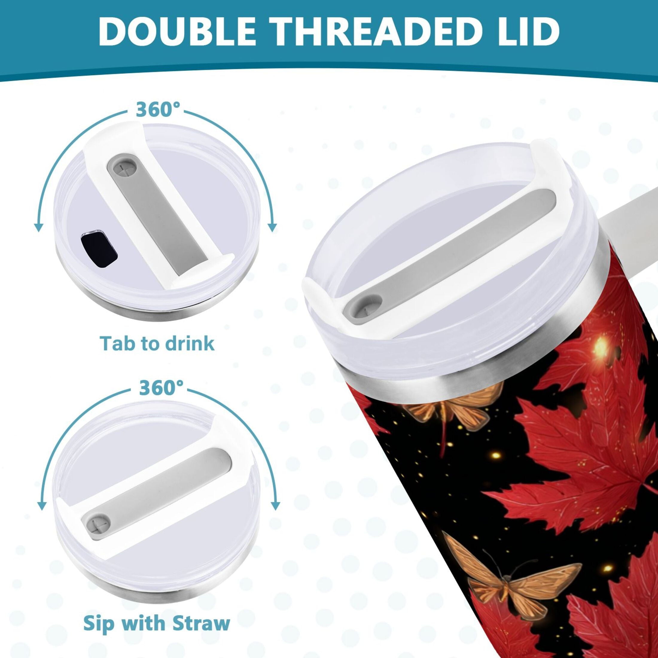 40 oz Insulated Stainless Steel Tumbler Double Wall Stainless Steel Tumbler with 2-Way Drinking Maple Leaves and Fireflies | P3ED