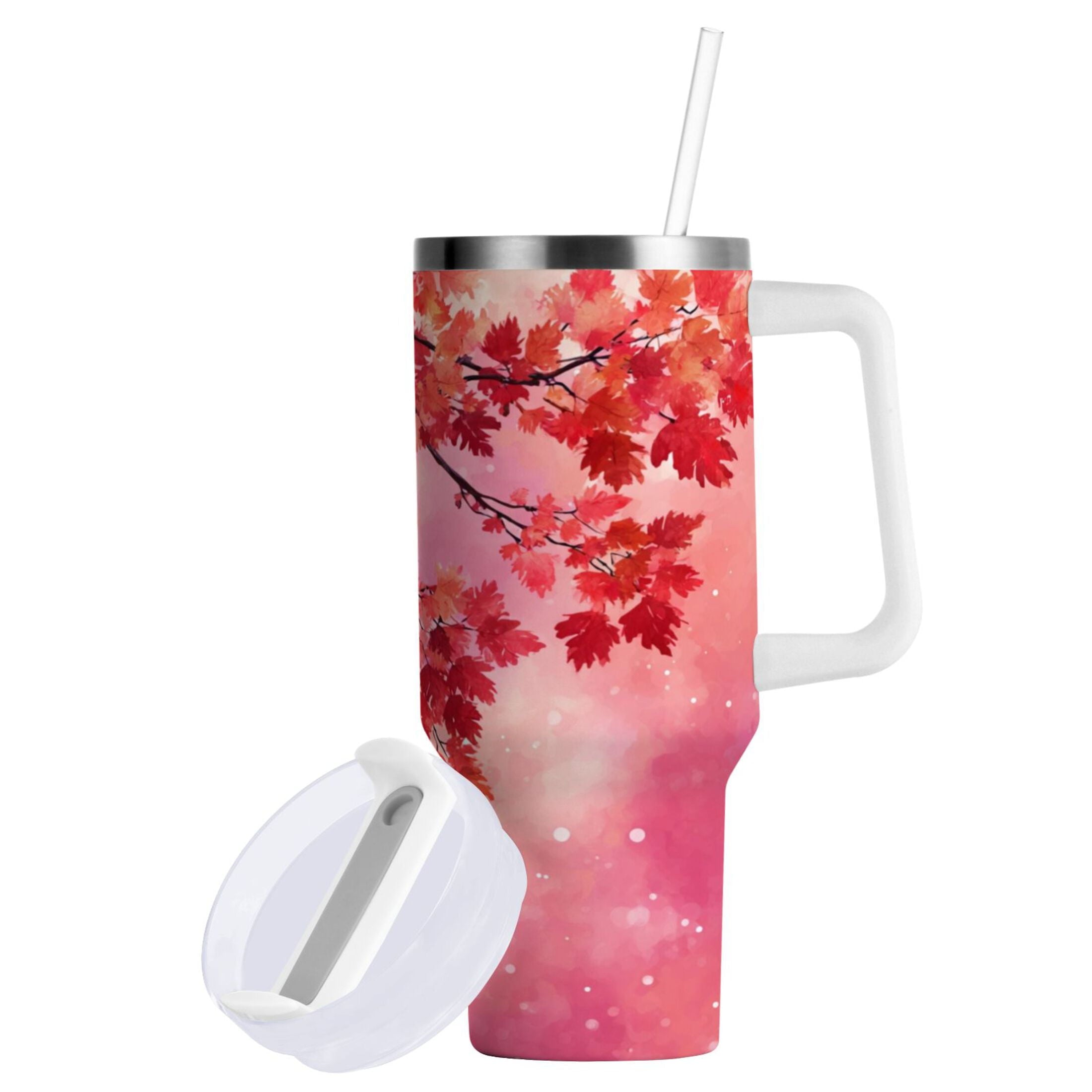 30 oz Insulated Stainless Steel Tumbler Double Wall Stainless Steel Tumbler with 2-Way Drinking Watercolor Red Maple Leaves | SCTG