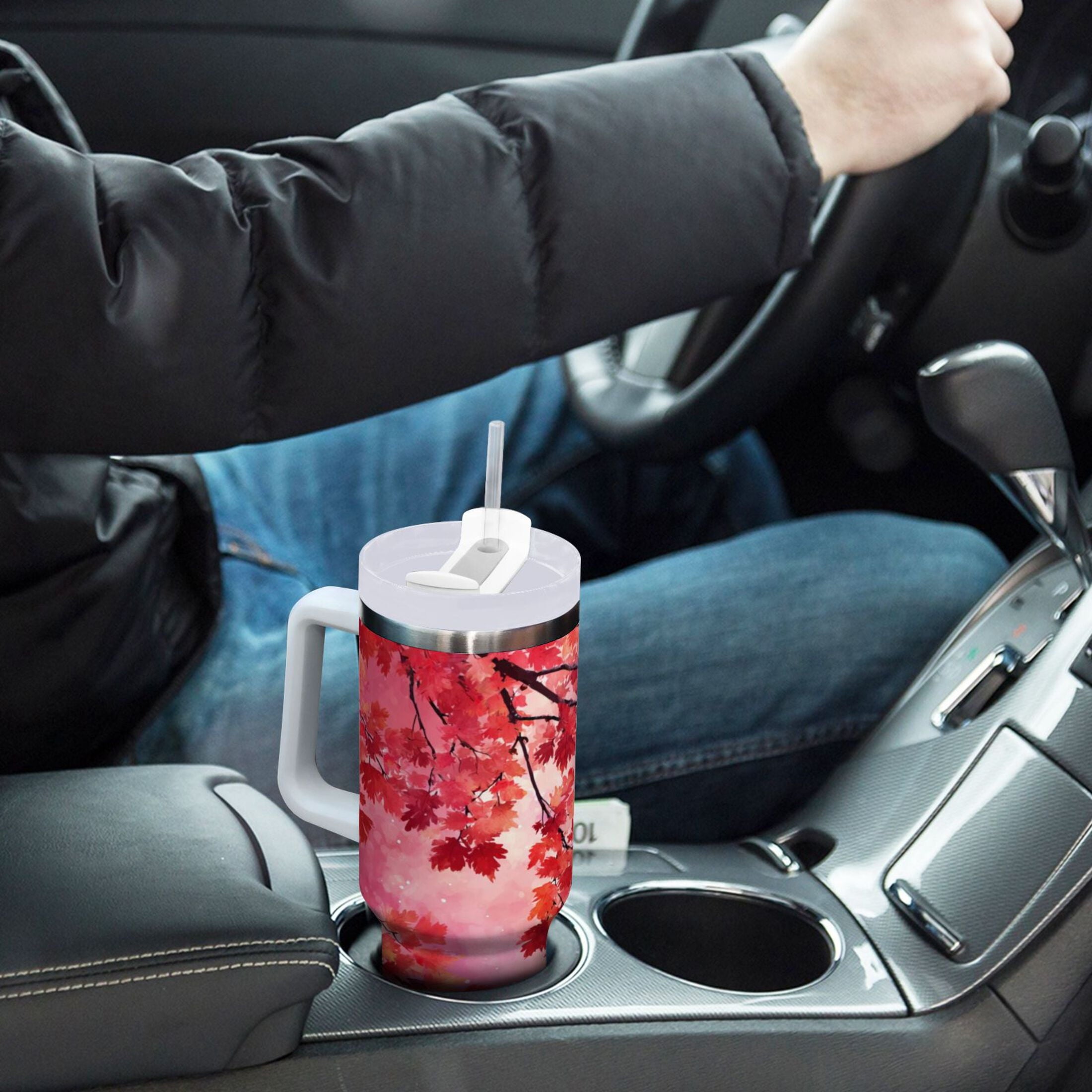 30 oz Insulated Stainless Steel Tumbler Double Wall Stainless Steel Tumbler with 2-Way Drinking Watercolor Red Maple Leaves | SCTG